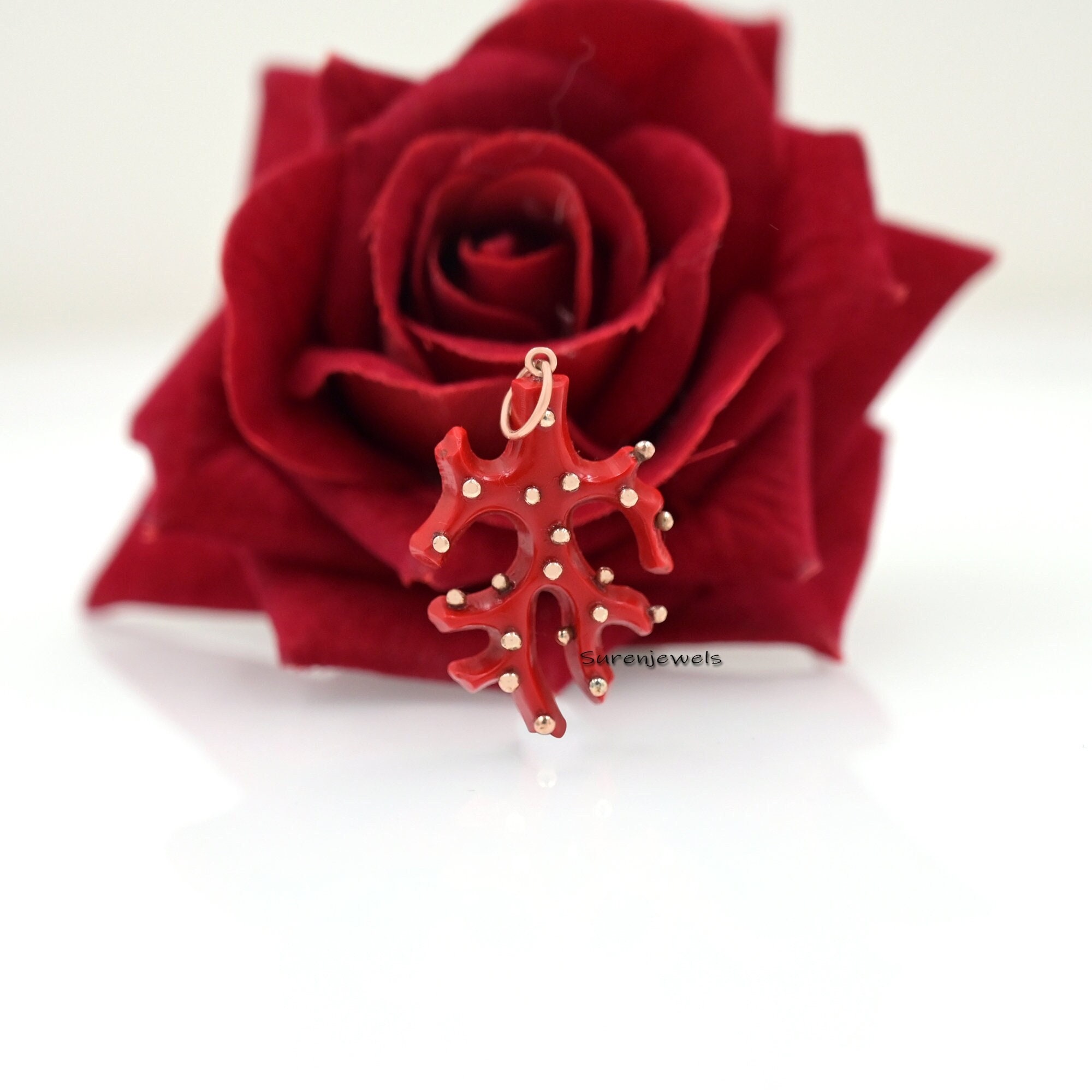 14k Gold Natural Red Coral Branch Pendant - View 2 - Suren Jewels | SKU: SJP1720