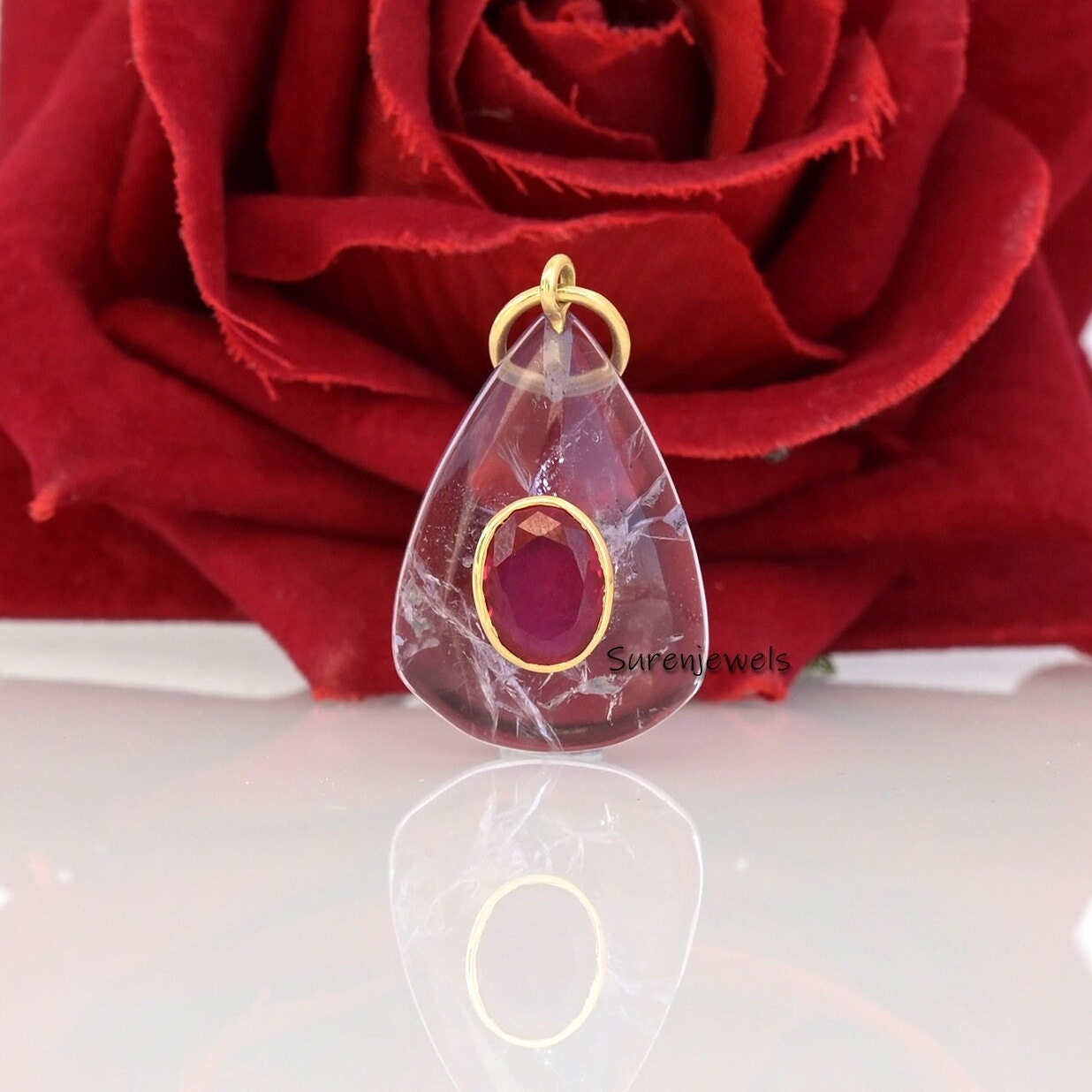 Hand Carved 14k Gold Malachite Drop Pendant, Gemstone Teardrop - View 6 - Suren Jewels | SKU: SJP3192