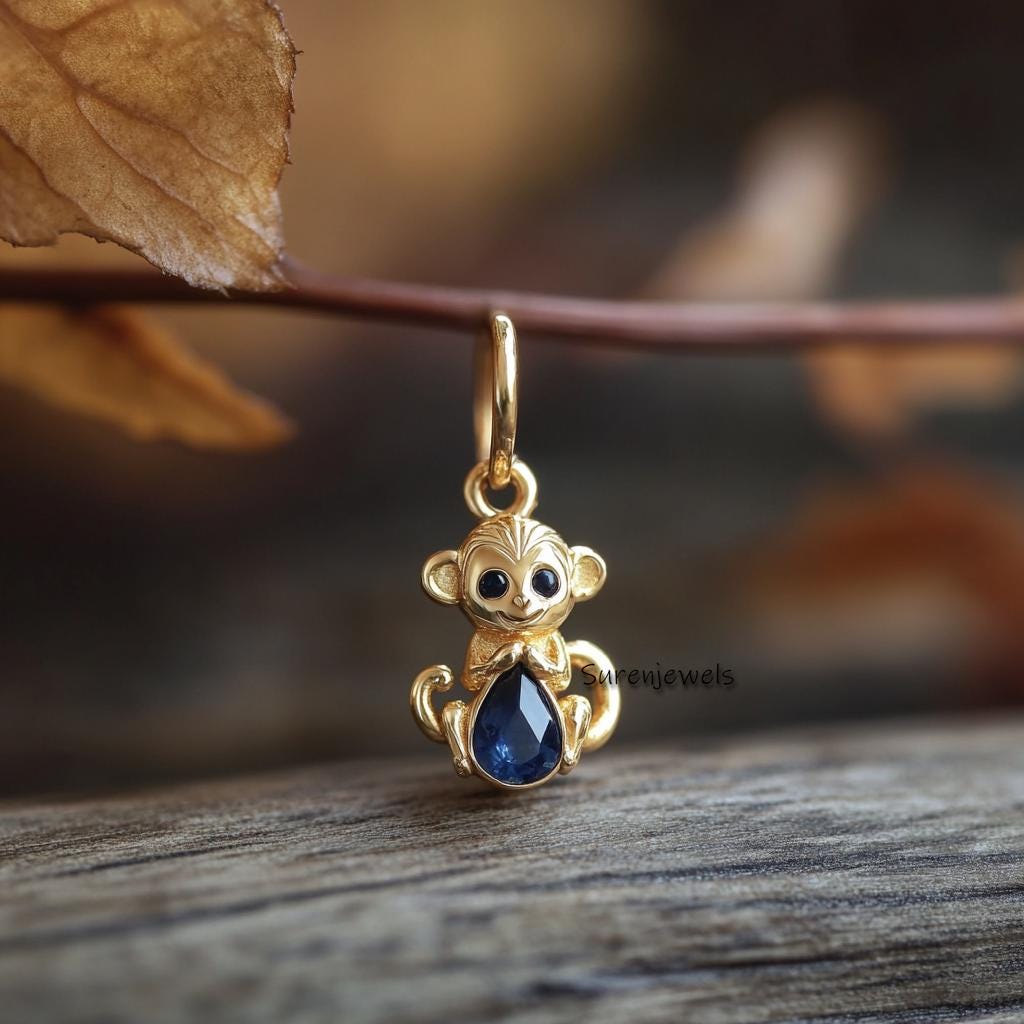 14k Gold Monkey Pendant with Gemstone: Carved Animal Jewelry - View 2 - Suren Jewels | SKU: SJP4943-SLYGBCZ-20M,SJP4923-SLYGB