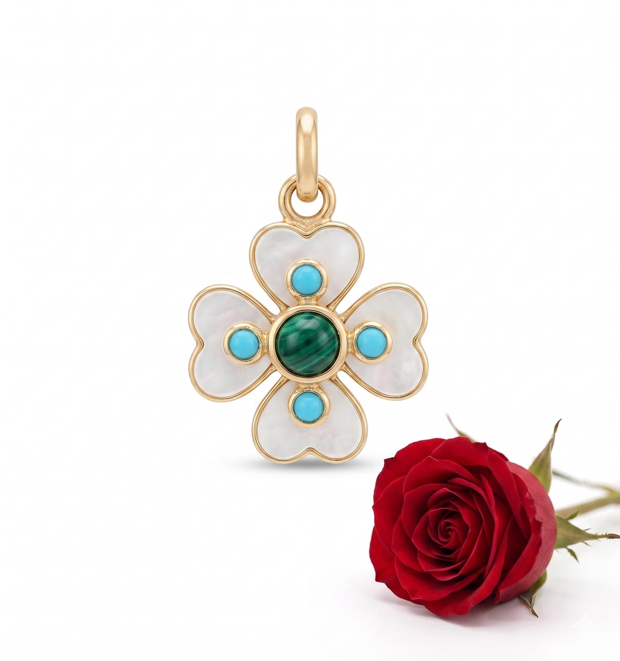 14K Gold Plated Gemstone Floral Heart Pendant, Heart Shape Floral Pendant, Handmade Gemstone jewelry - View 3 - Suren Jewels