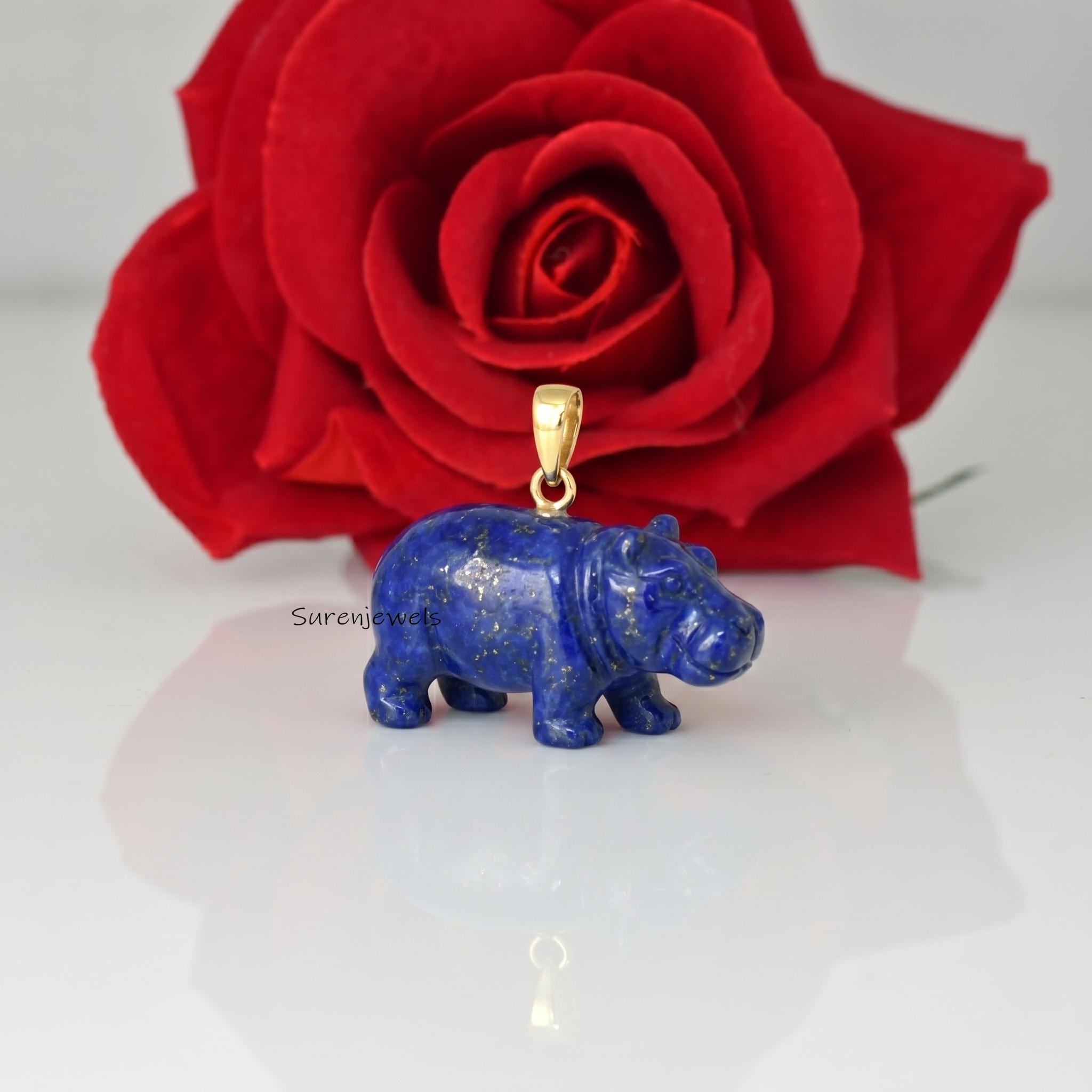 14K Gold Gemstone Hippo Pendant, hand carved Gemstone hippo pendant, Rose Quartz Hippo Charm, Hippo Animal Jewelry, Carving H