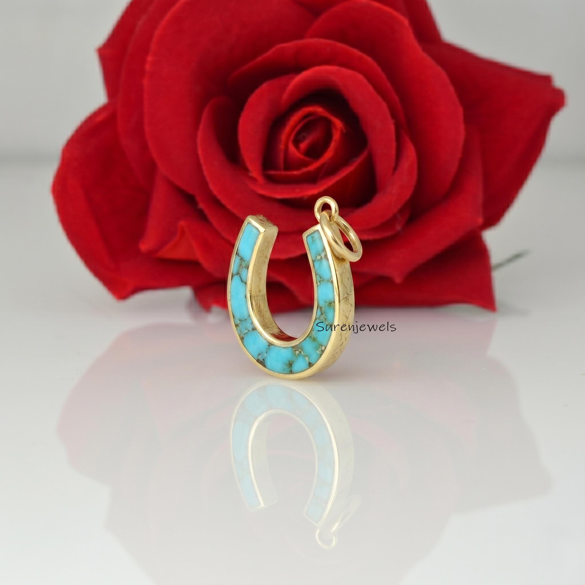 14k Gold Turquoise Horseshoe Pendant, Carved Handmade Horseshoe Pendant jewelry - View 2 - Suren Jewels | SKU: SJP