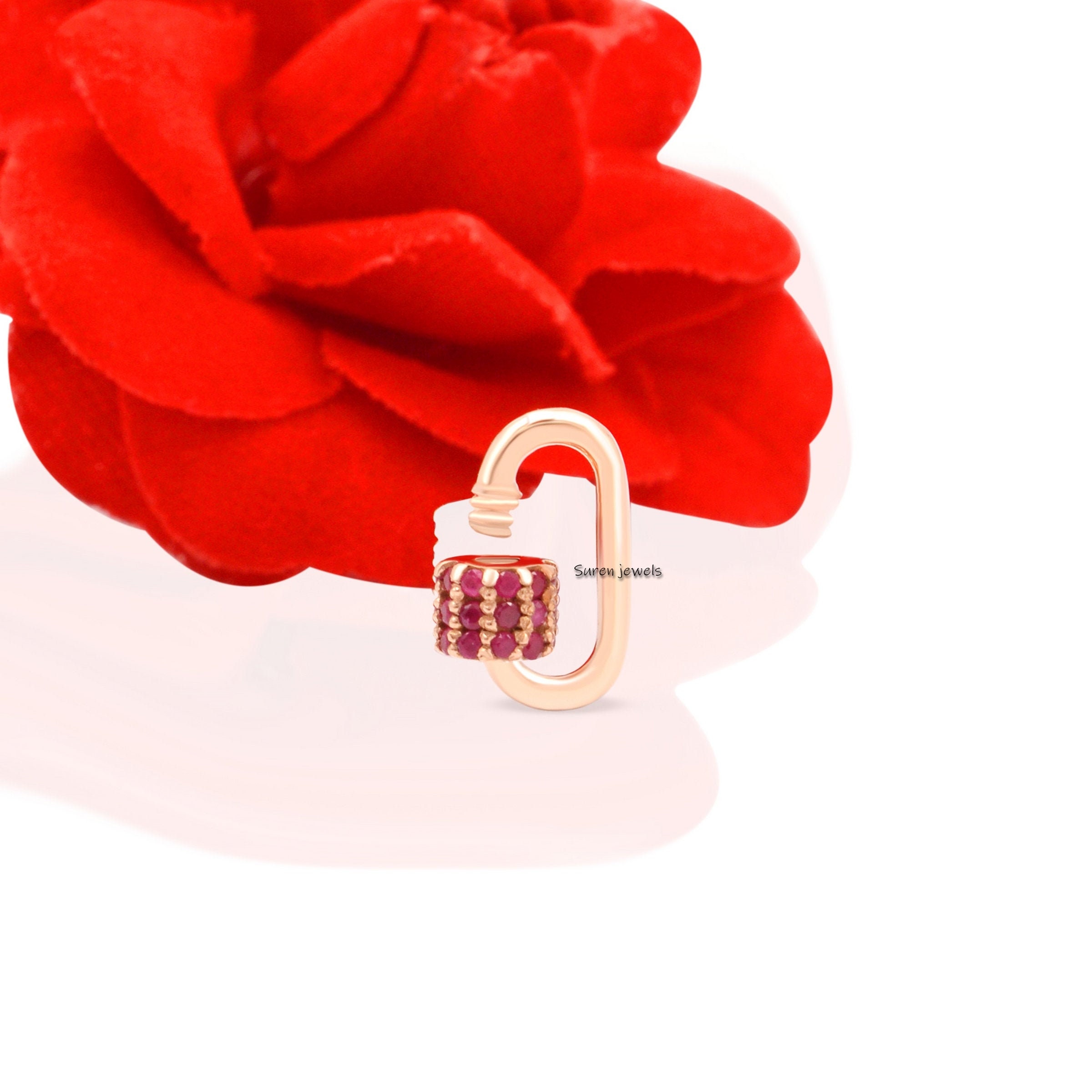 14k Gold Ruby Carabiner Lock, Dainty Charm Lock (12x6MM) - Suren Jewels | SKU: SJC132-