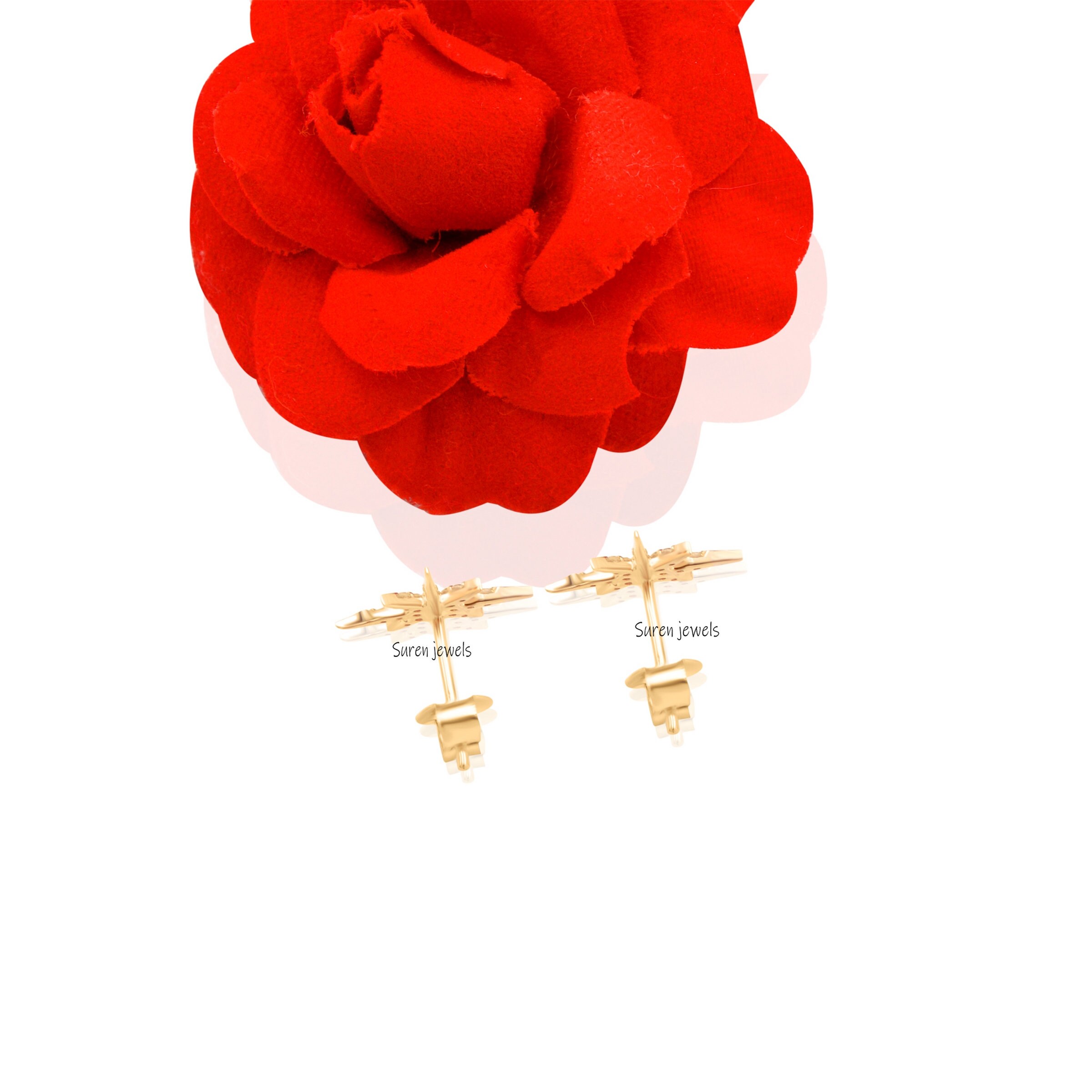 14k Gold Diamond Starburst Studs: Pave Star Earrings - View 3 - Suren Jewels | SKU: SJE325-14KYGDI