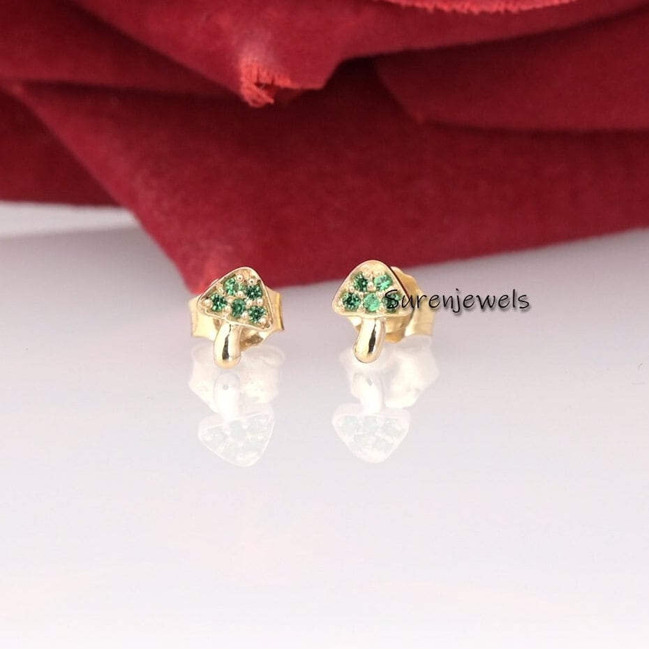 14k Gold Mushroom Stud Earrings: Handmade Designer Jewelry - Suren Jewels | SKU: SJE924-14KYGDSIG