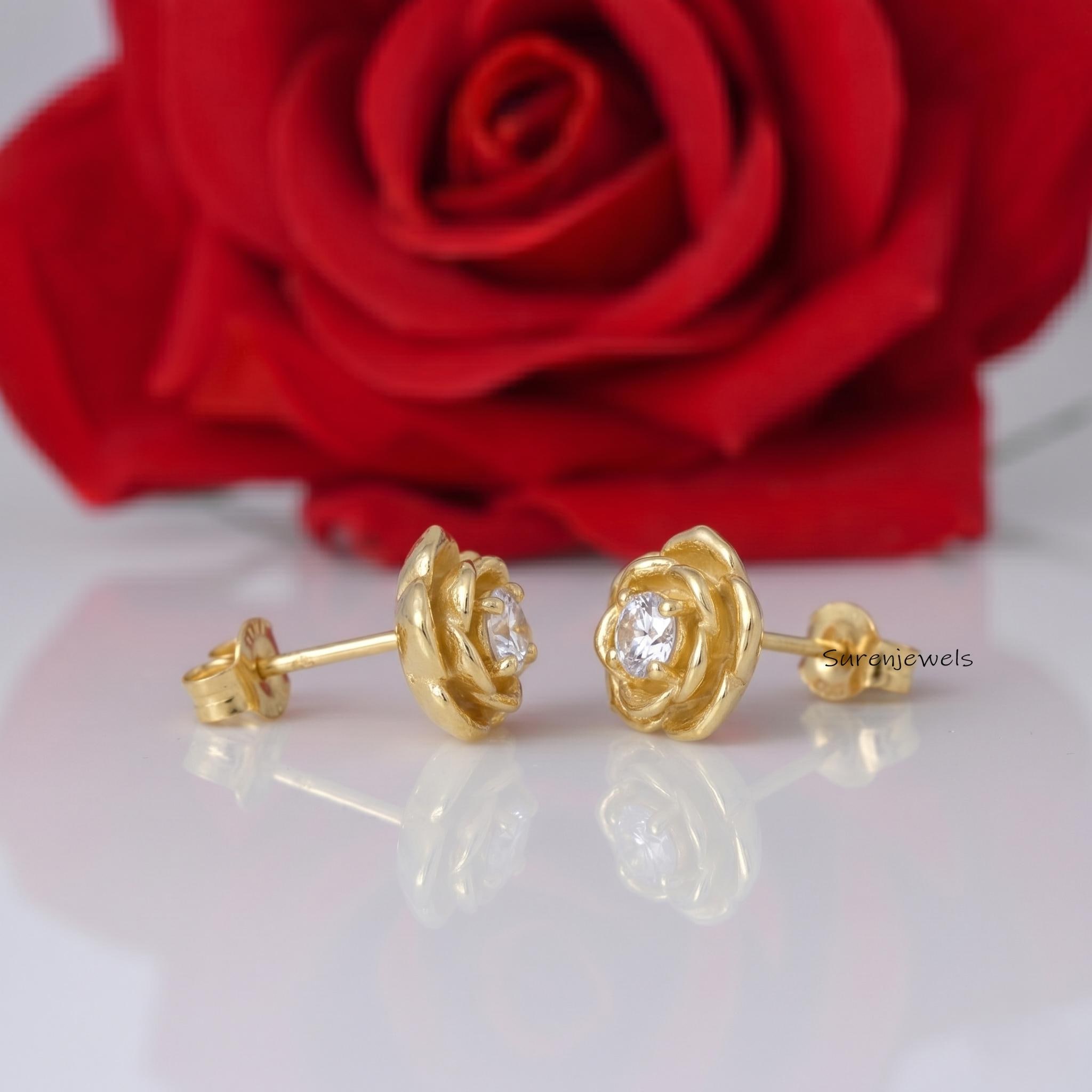 14k Gold Rose Stud Earrings, Real Gold Flower Studs with Cubic Zirconia, Tiny Floral Earrings, Everyday Minimalist Jewelry -