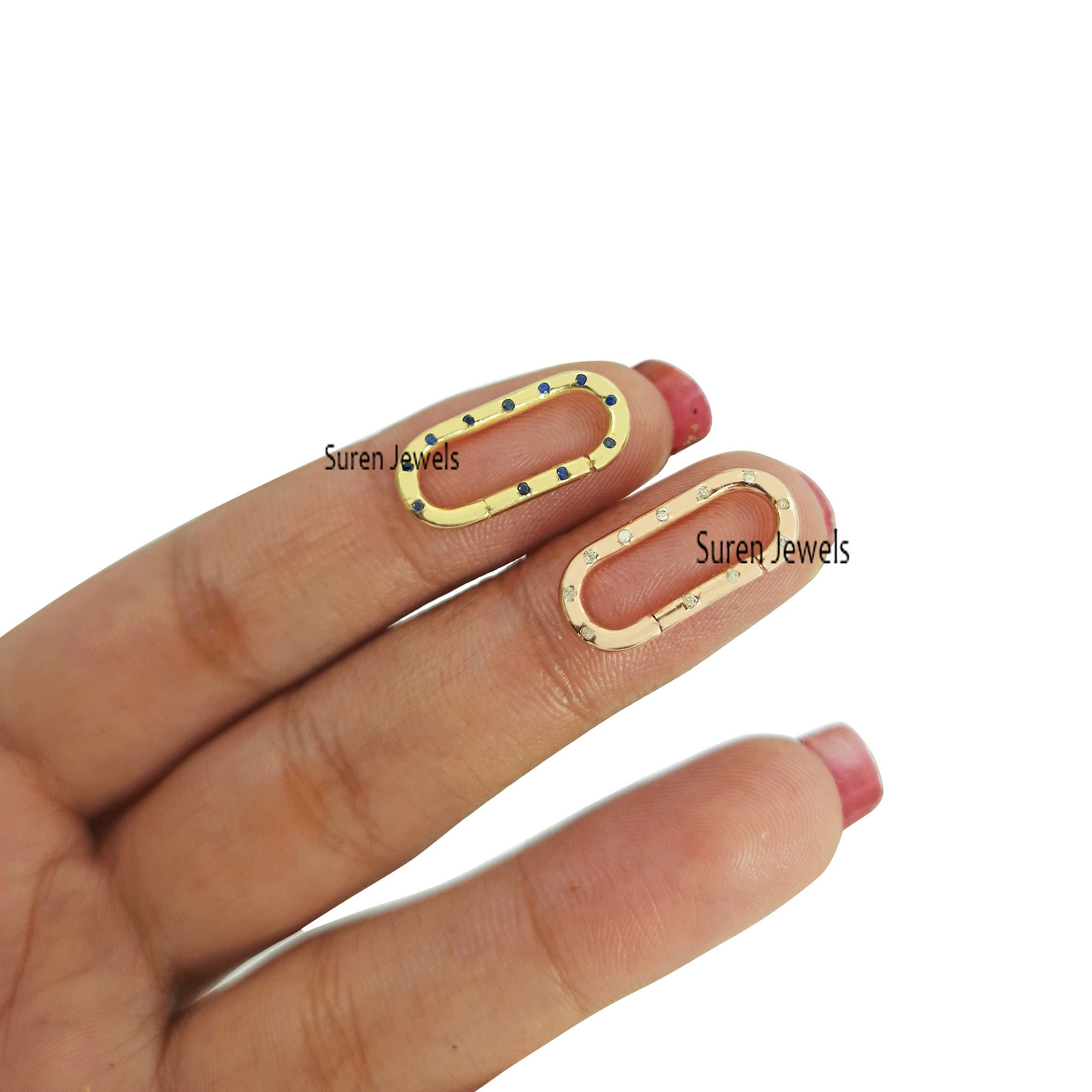 9K Gold Charm Holder Lock: Diamond & Sapphire Necklace Connector - Suren Jewels | SKU: SJP575-9KYGBSP