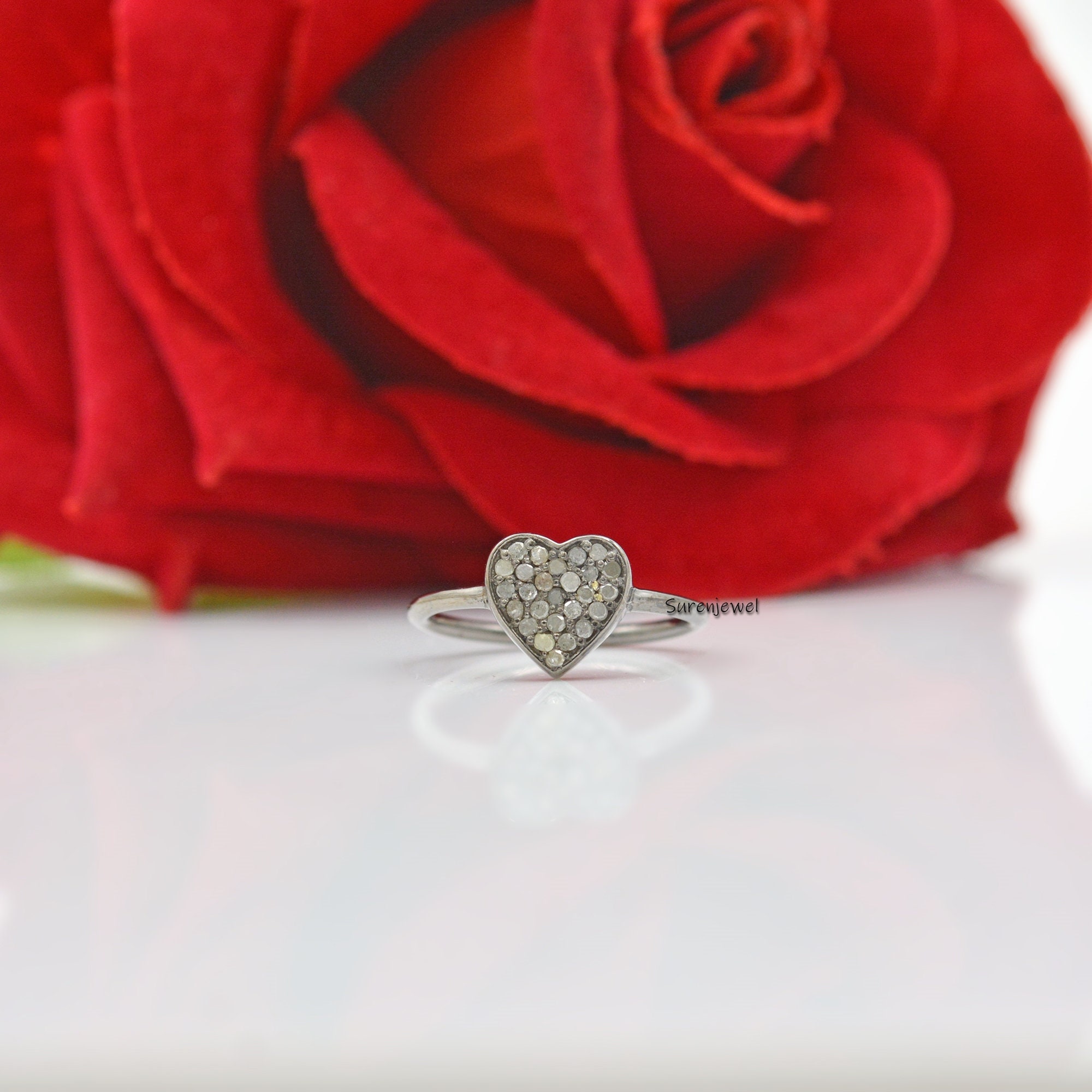 14k Gold Diamond Heart Signet Ring: Dainty Gemstone Ring - View 3 - Suren Jewels | SKU: SJR690-14KYGDI