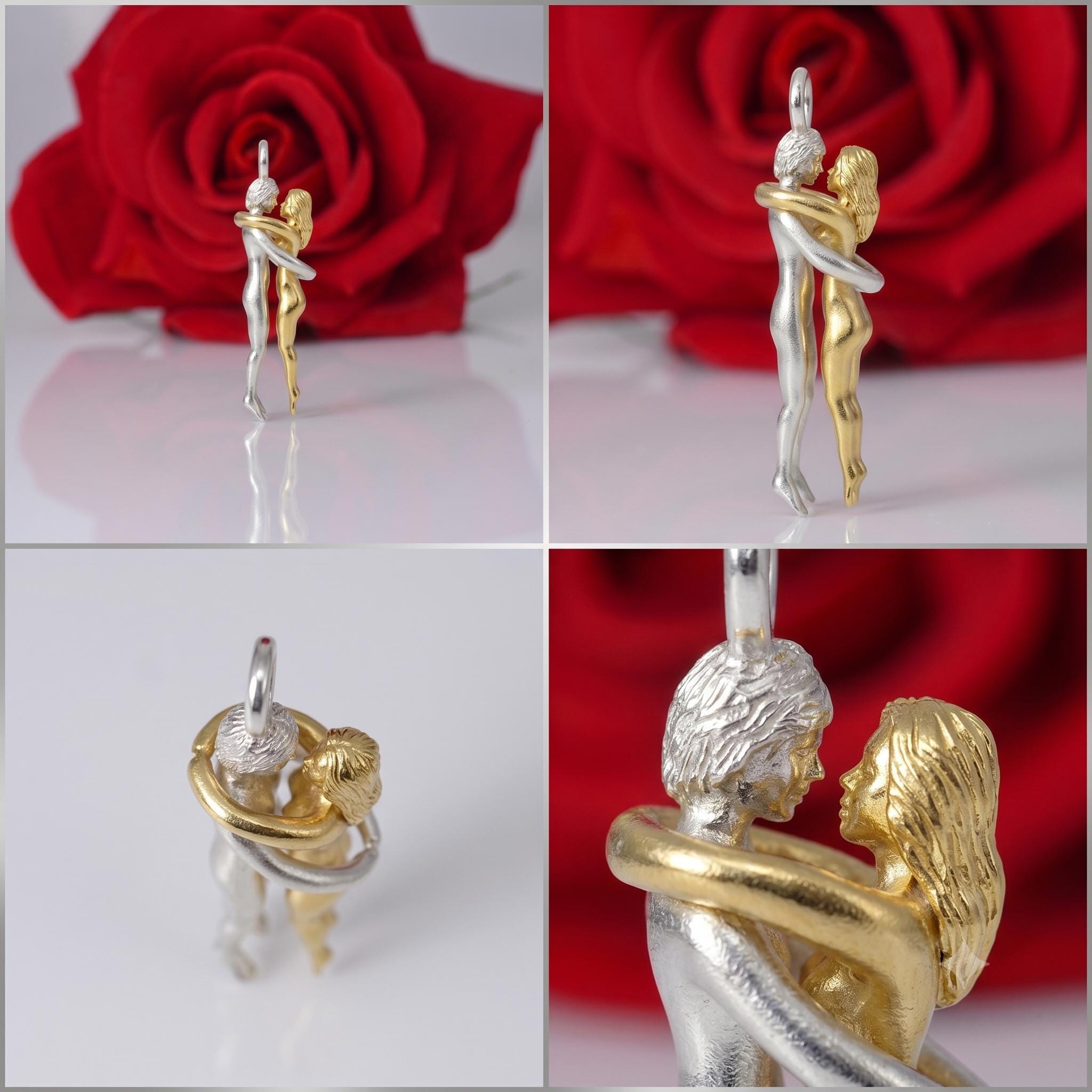 Dancing Couple Pendant, 14K Two Tone Gold Hugging Charm, Romantic Hug Pendant Wedding Anniversary Gift, Valentines Day Gift,