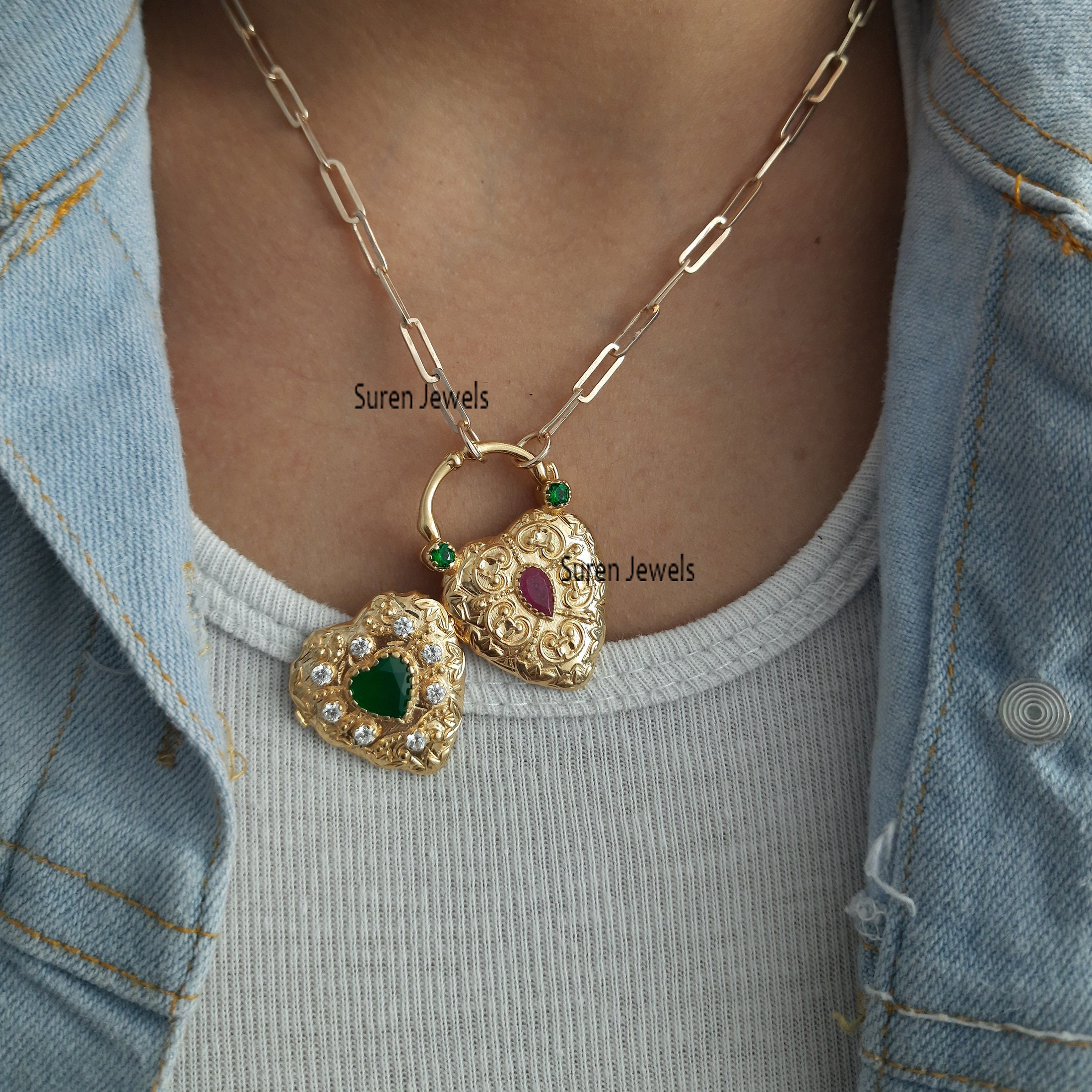 14K Gold Multi Gemstone Heart Padlock: Designer Locket - View 7 - Suren Jewels | SKU: SJP85-SLYGCZRUGO-N47-18I
