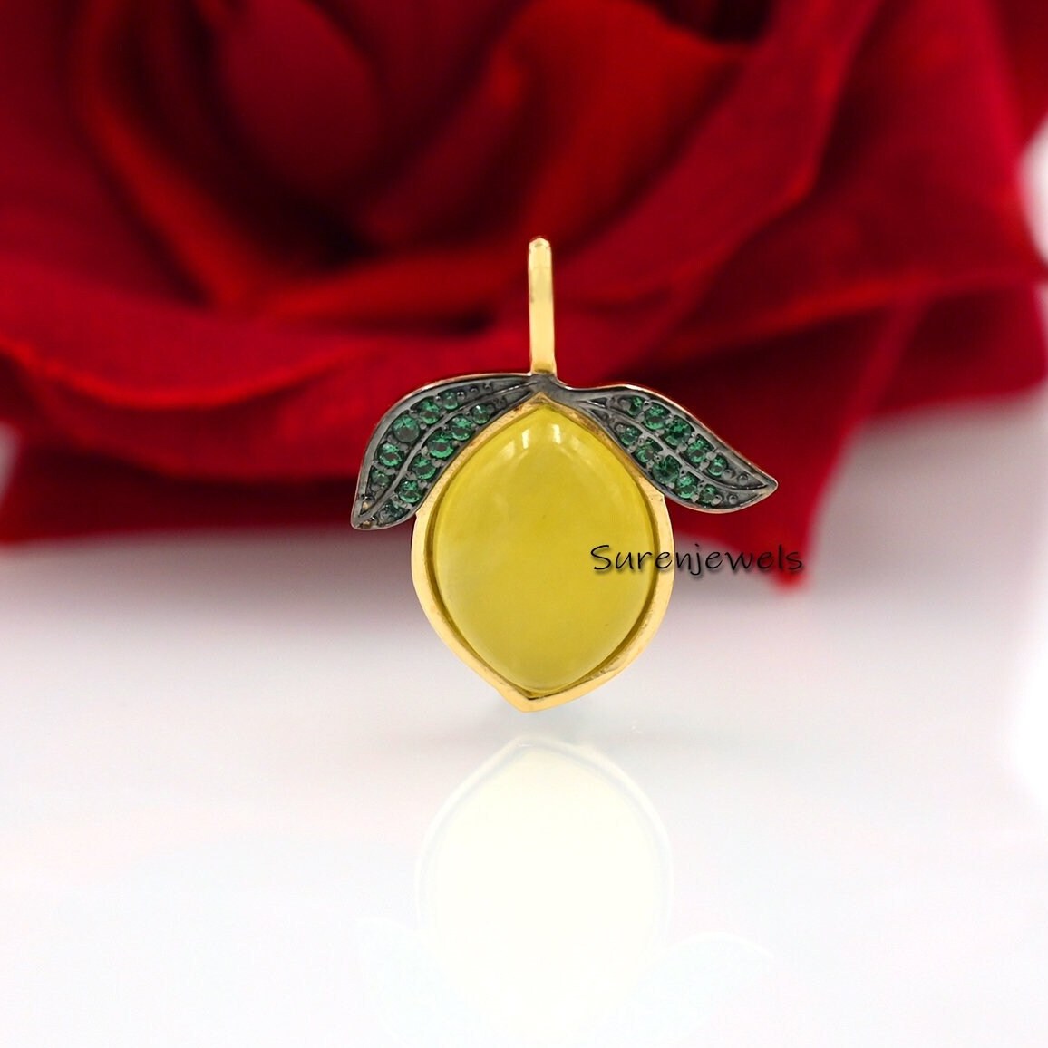 Handmade 14K Gold Yellow Quartz Lemon Pendant with Green CZ - Suren Jewels | SKU: SJP1684-SLYGRHYOGCZ