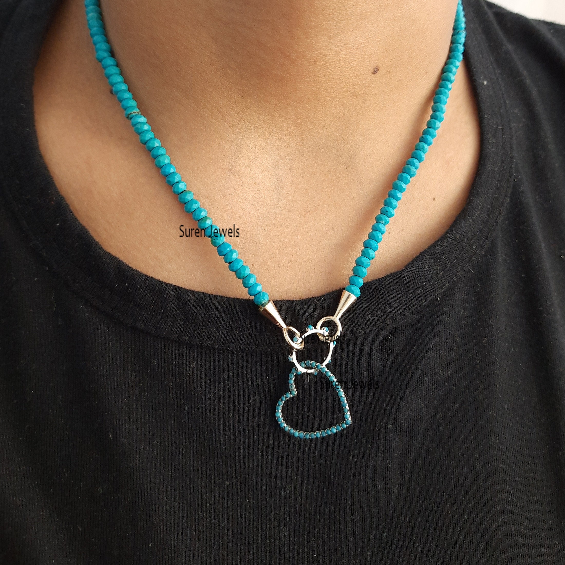 14K Gold Turquoise Heart Necklace: Dainty Charm Pendant - View 4 - Suren Jewels | SKU: MJN247-14KYGTQ-16I