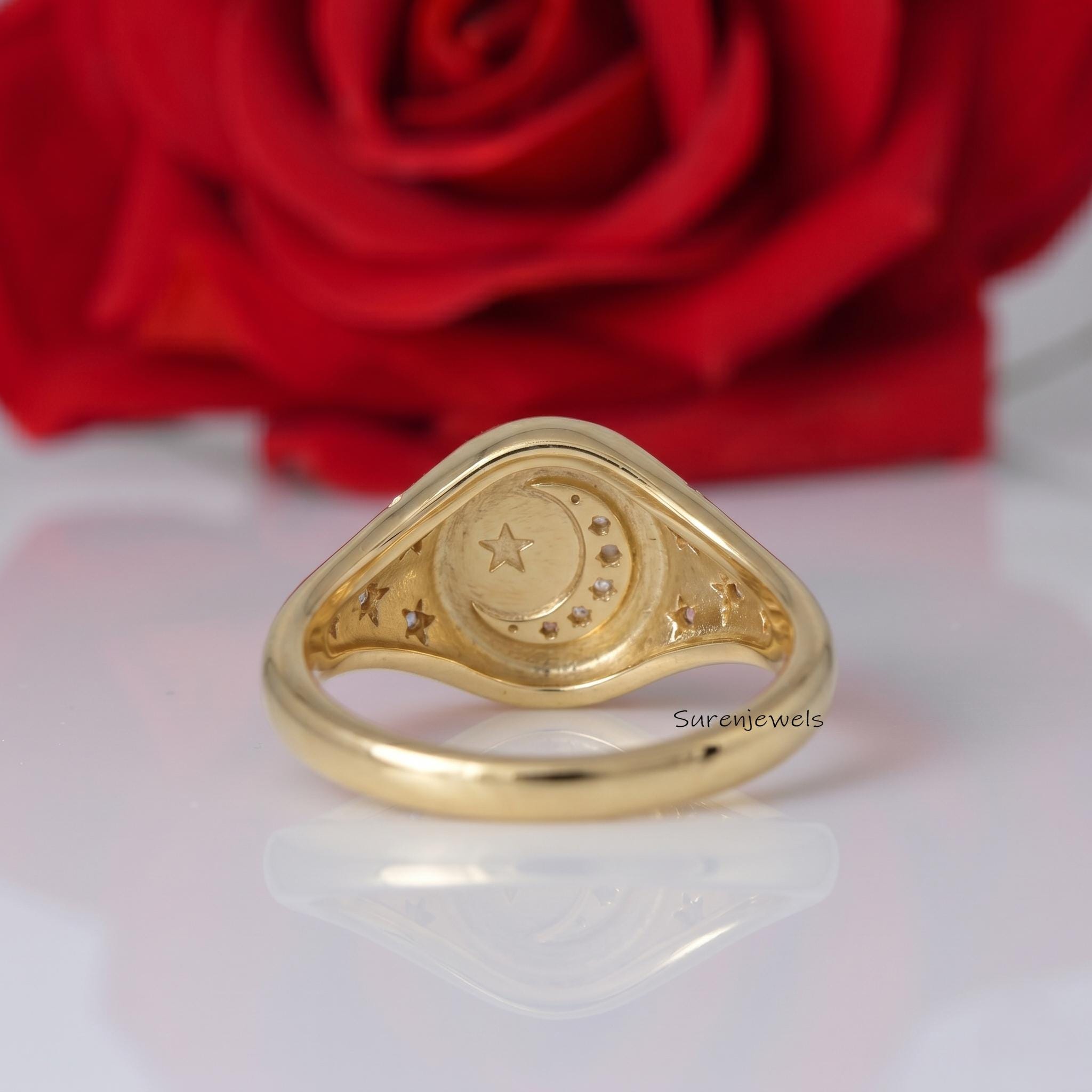 14K Gold Signet Celestial Moon Star Ring, Diamond Signet Celestial Ring, Gemstone Star Moon Ring, Diamond Star Ring, Designer