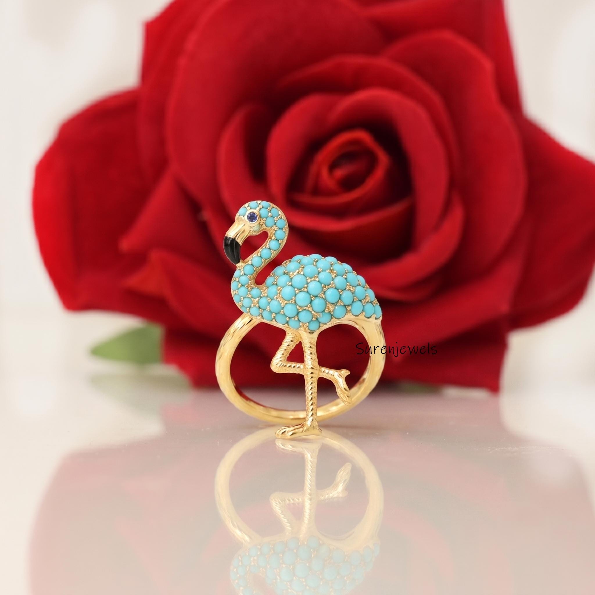14k Gold Flamingo Ring, Gold Animal Bird Ring, Turquoise Flamingo Ring, Cute Flamingo Ring, Flamingo Ring Jewelry, Dainty Fla