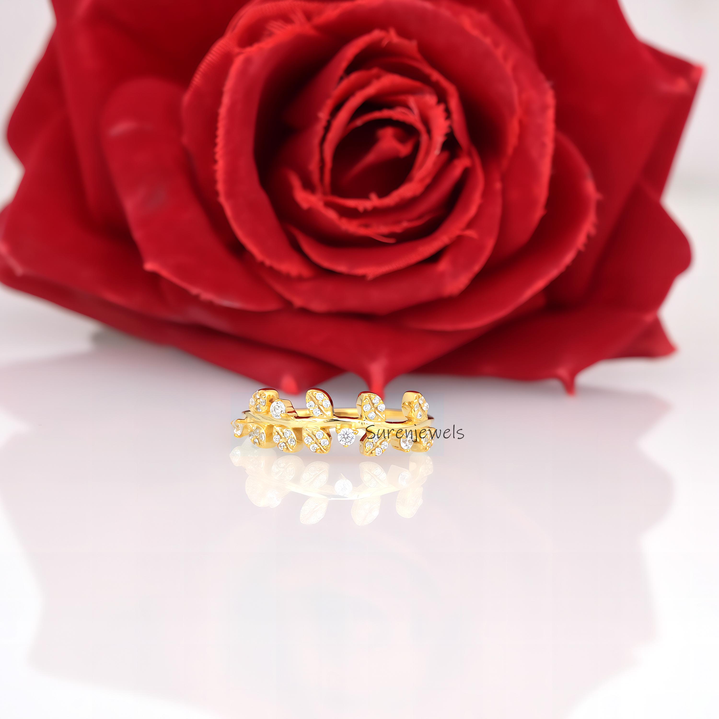 14k Gold Diamond Olive Leaf Ring: Pave Branch Design - View 2 - Suren Jewels | SKU: SJR2759