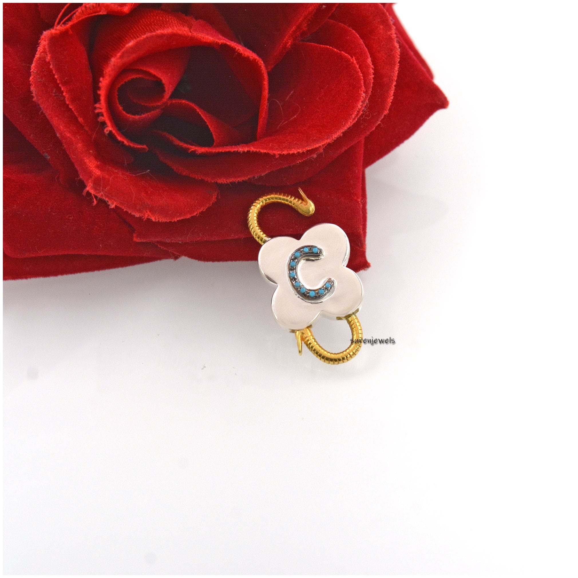 Two-Tone Diamond Initial 925 Silver Padlock Pendant - View 4 - Suren Jewels | SKU: SJP25-SLNSYGRHDI-L