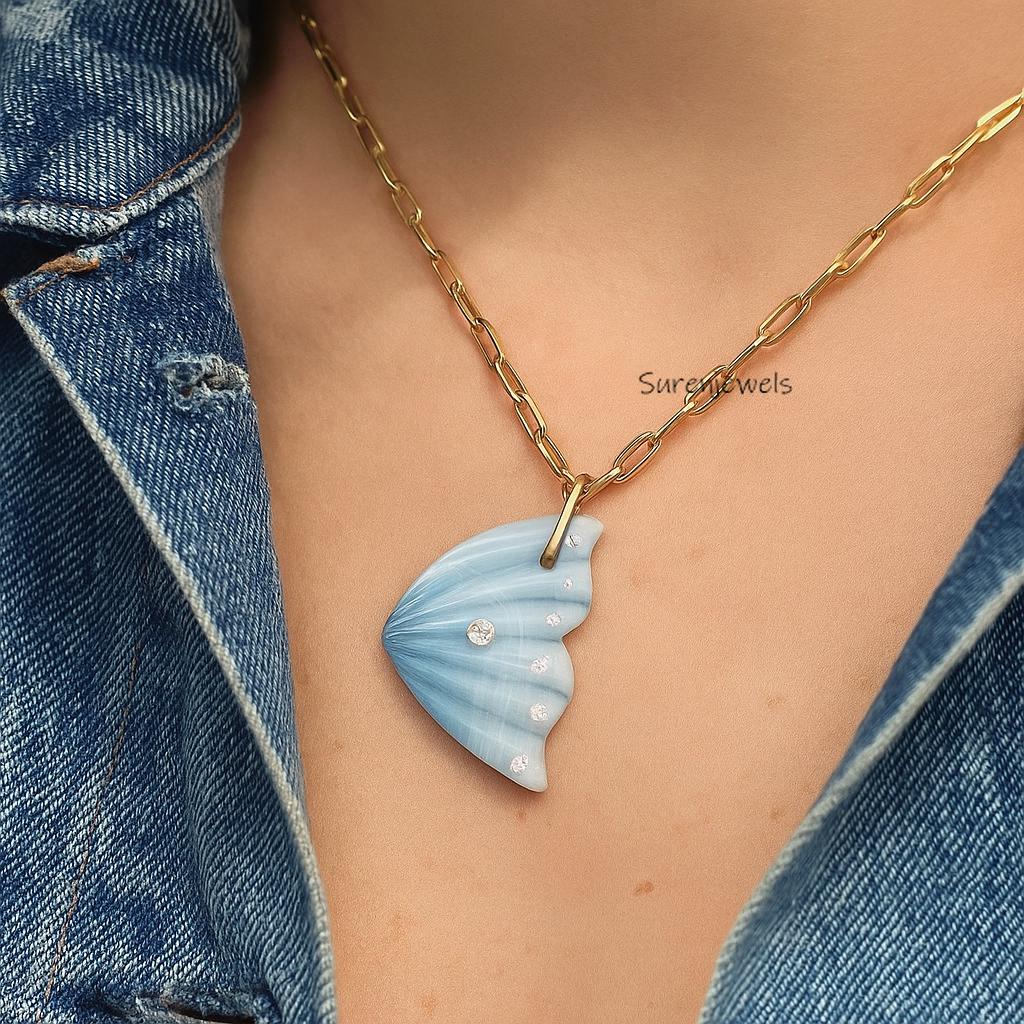 14K Gold Plated Fish Tail Pendant, Blue Chalcedony Mermaid Tail Necklace, Ocean Inspired Gemstone Jewelry, Beach Lover Gift -
