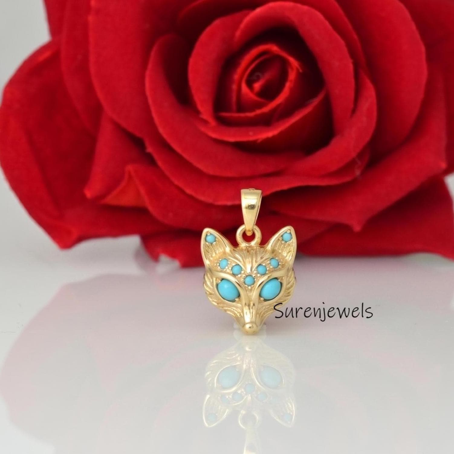 14k Gold Plated Gemstone Fox Pendant, Turquoise Fox Charm Pendant, Gold Carved Fox Charm Pendant, Handmade Fox Pendant, Anima