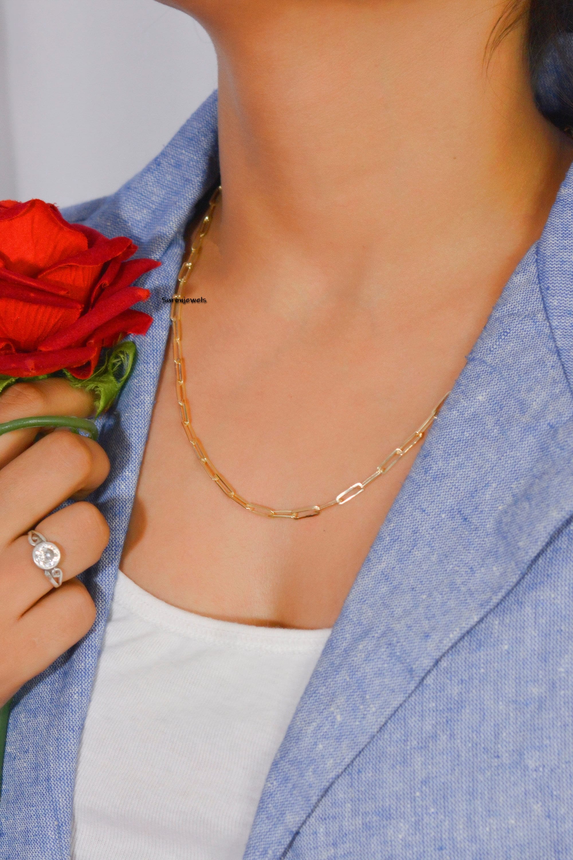 14k Gold Paperclip Chain Necklace: Rectangle Link Carabiner - View 2 - Suren Jewels | SKU: SJN47-14kyg/ G1-14KYG-10M-18I
