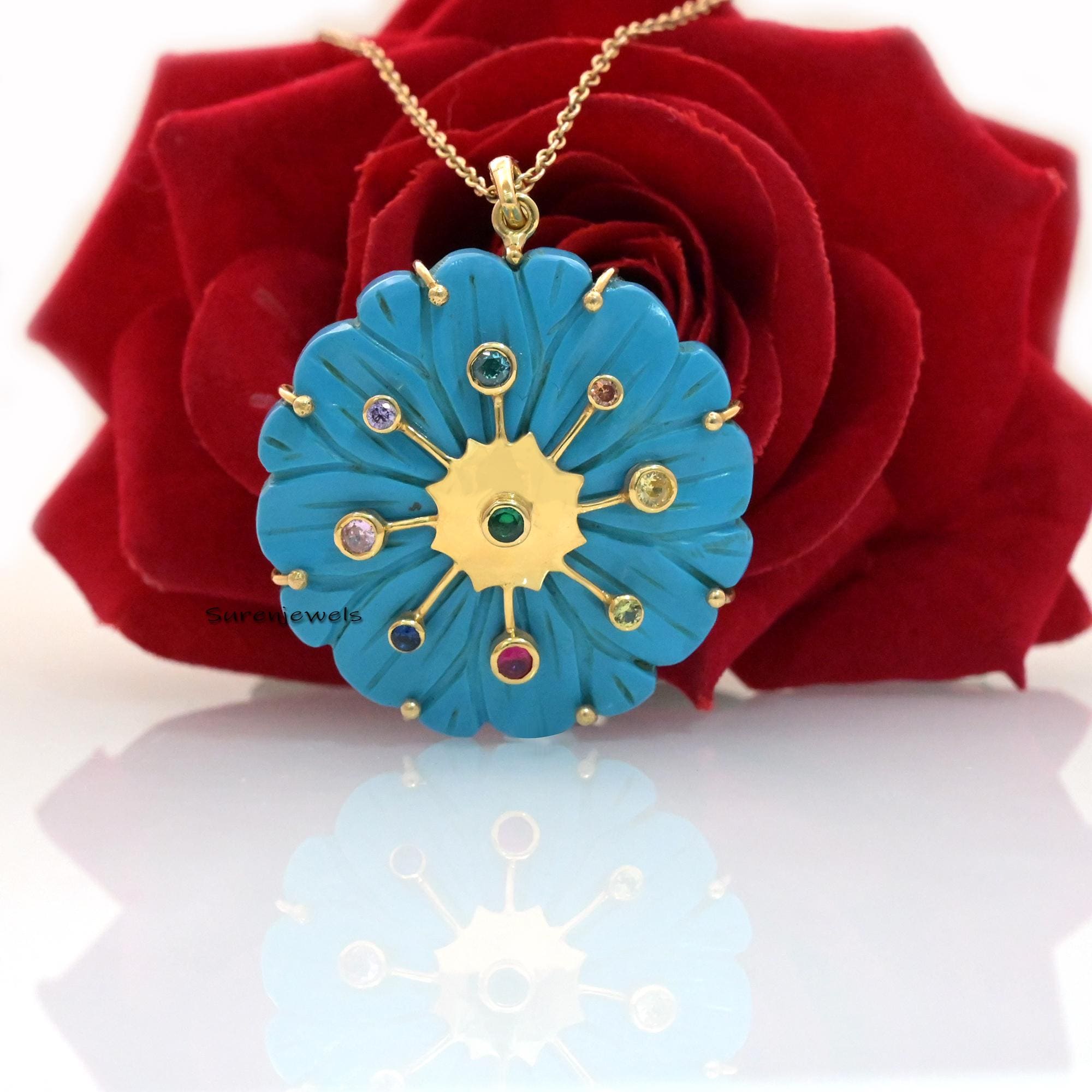 Hand Carved 14K Gold Flower Pendant: Gemstone Accent - View 3 - Suren Jewels | SKU: SJP1601