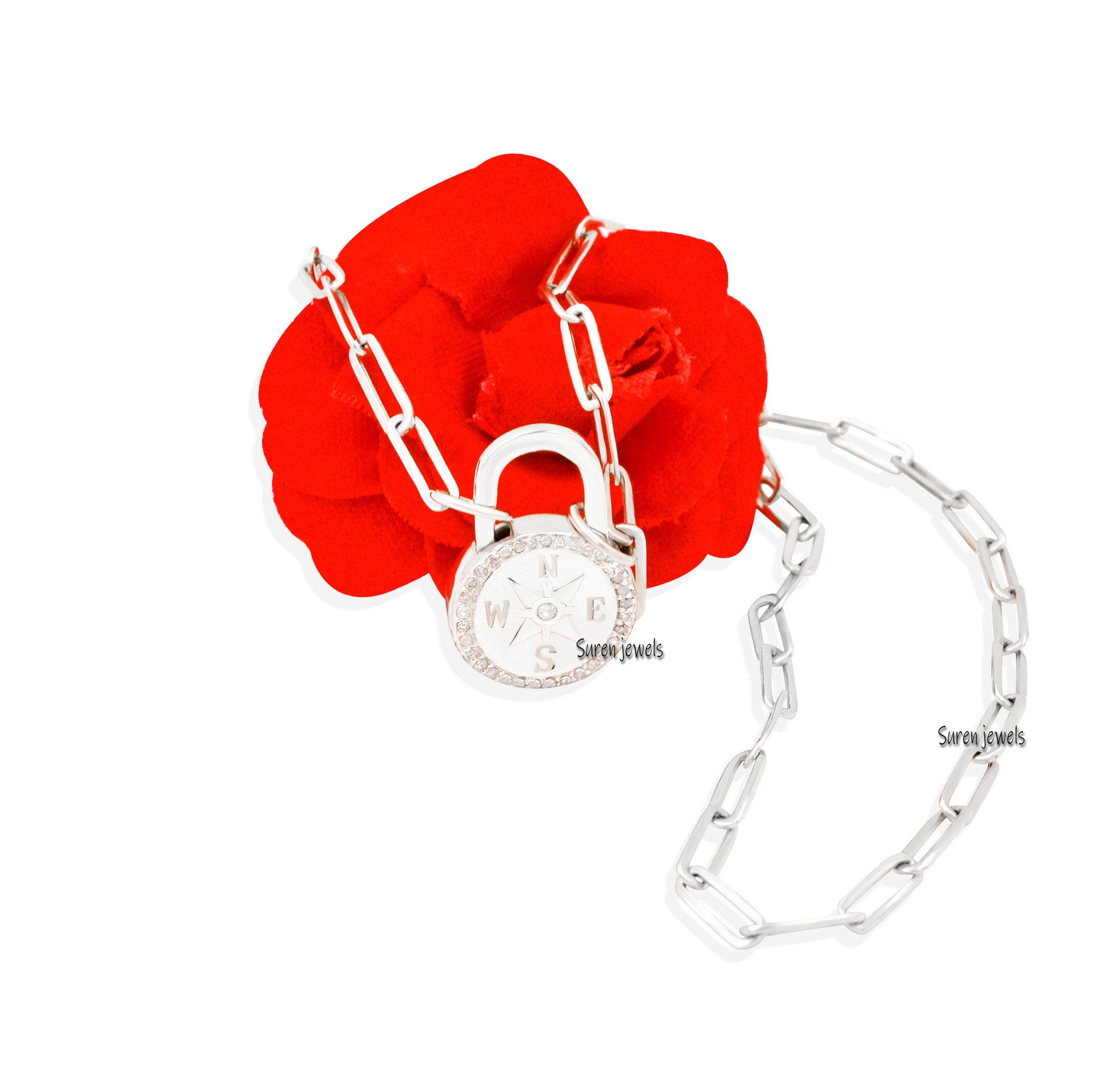 Diamond Compass Charm Lock: 925 Silver Gemstone Padlock Pendant - View 6 - Suren Jewels | SKU: SJP889-SLWGDI