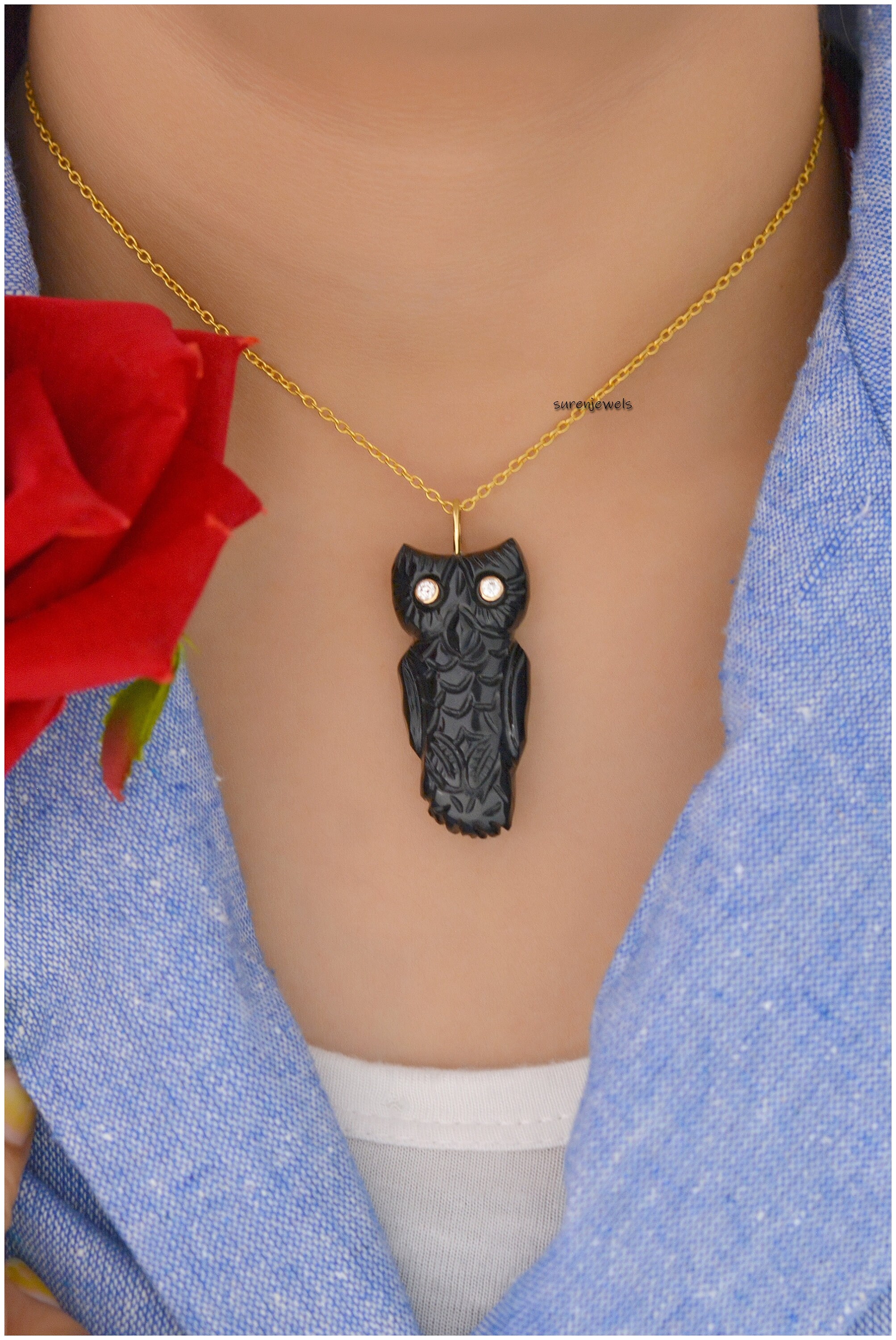 Carved Gemstone Owl Pendant: Labradorite Mughal Charm - View 3 - Suren Jewels | SKU: SJP1219-SLYGLBWT-50M