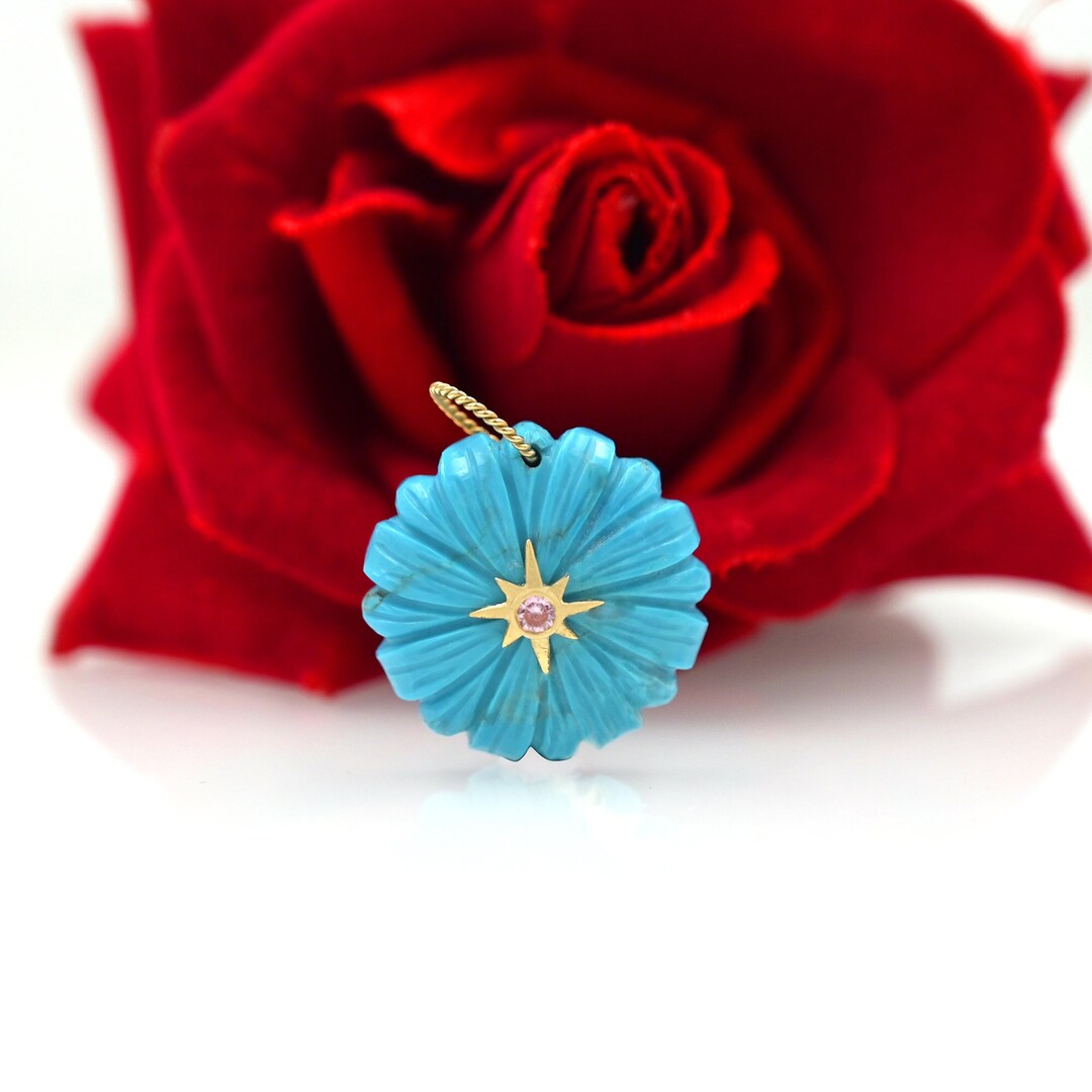 14K Gold Carved Gemstone Flower Pendant, Hand Craving Flower Charm