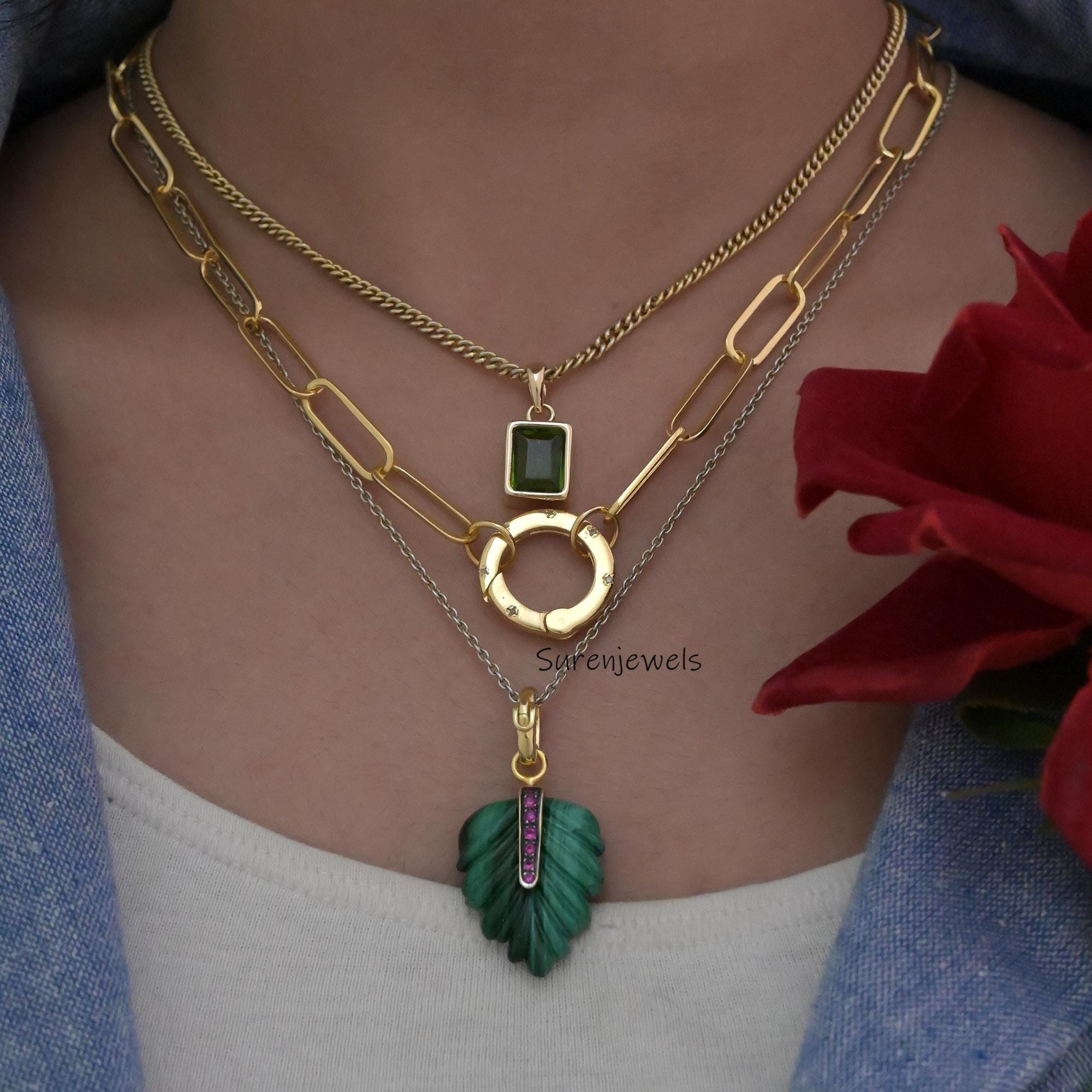 14k Gold Carved Gemstone Leaf Pendant, Turquoise Leaf - View 3 - Suren Jewels | SKU: SJP3867-SLYGGORUCZ-34M