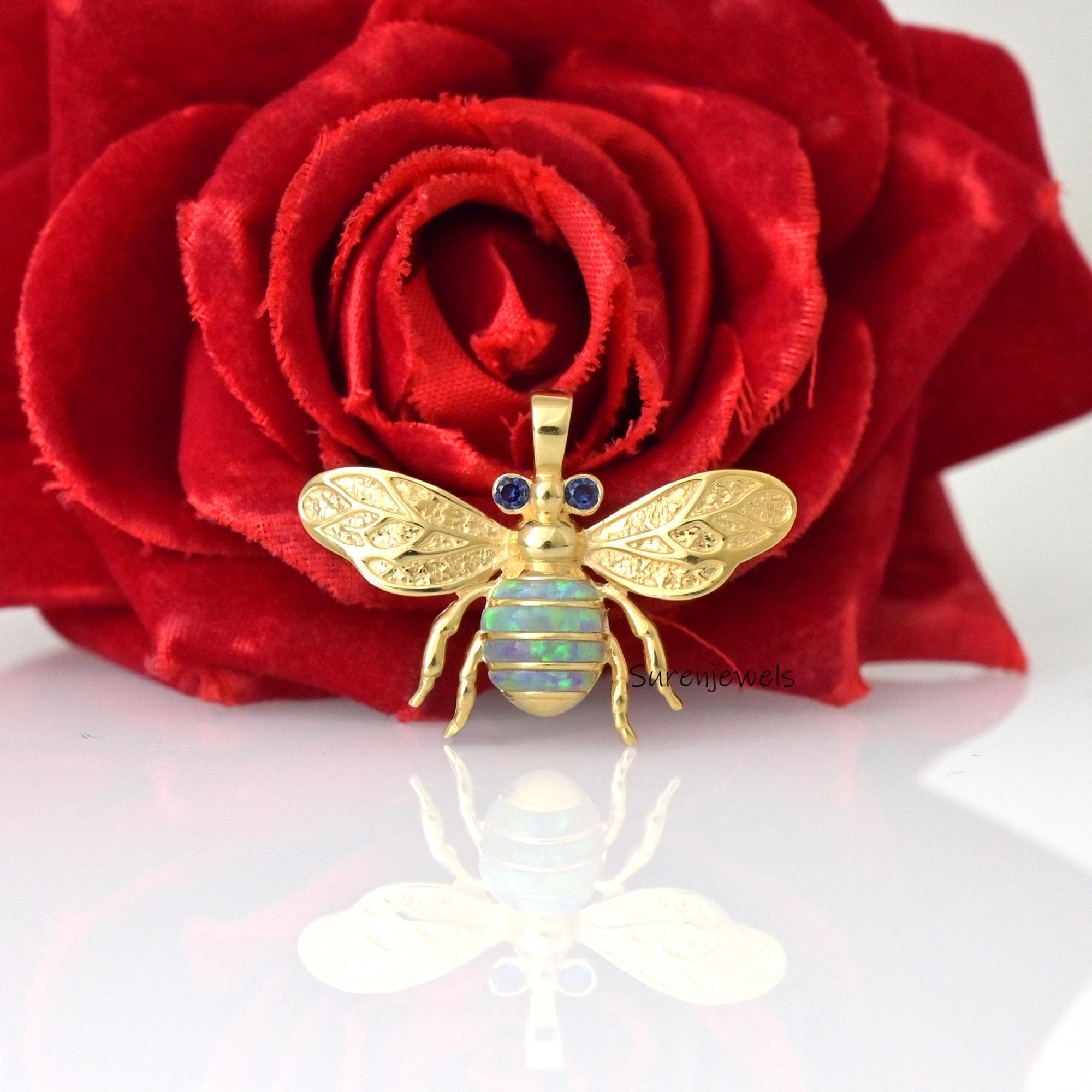 14k Gold Opal Honey Bee Pendant: Dainty Gemstone Bee Charm - Suren Jewels | SKU: SJP4623-SLYGOPCZ-25M,SJP4496-SLNSEOOPBCZ-30M