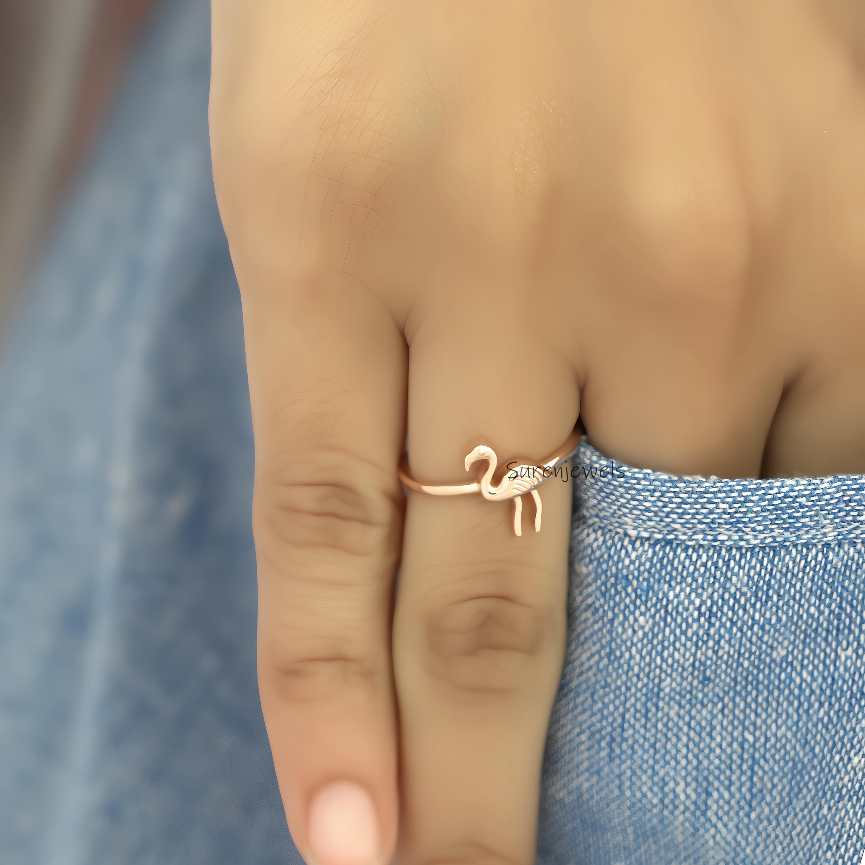 14k Gold Flamingo Ring: Dainty Animal Bird Jewelry - View 5 - Suren Jewels | SKU: SJR2967-SLWG-US-3,SJR2975-SLRG-US-5
