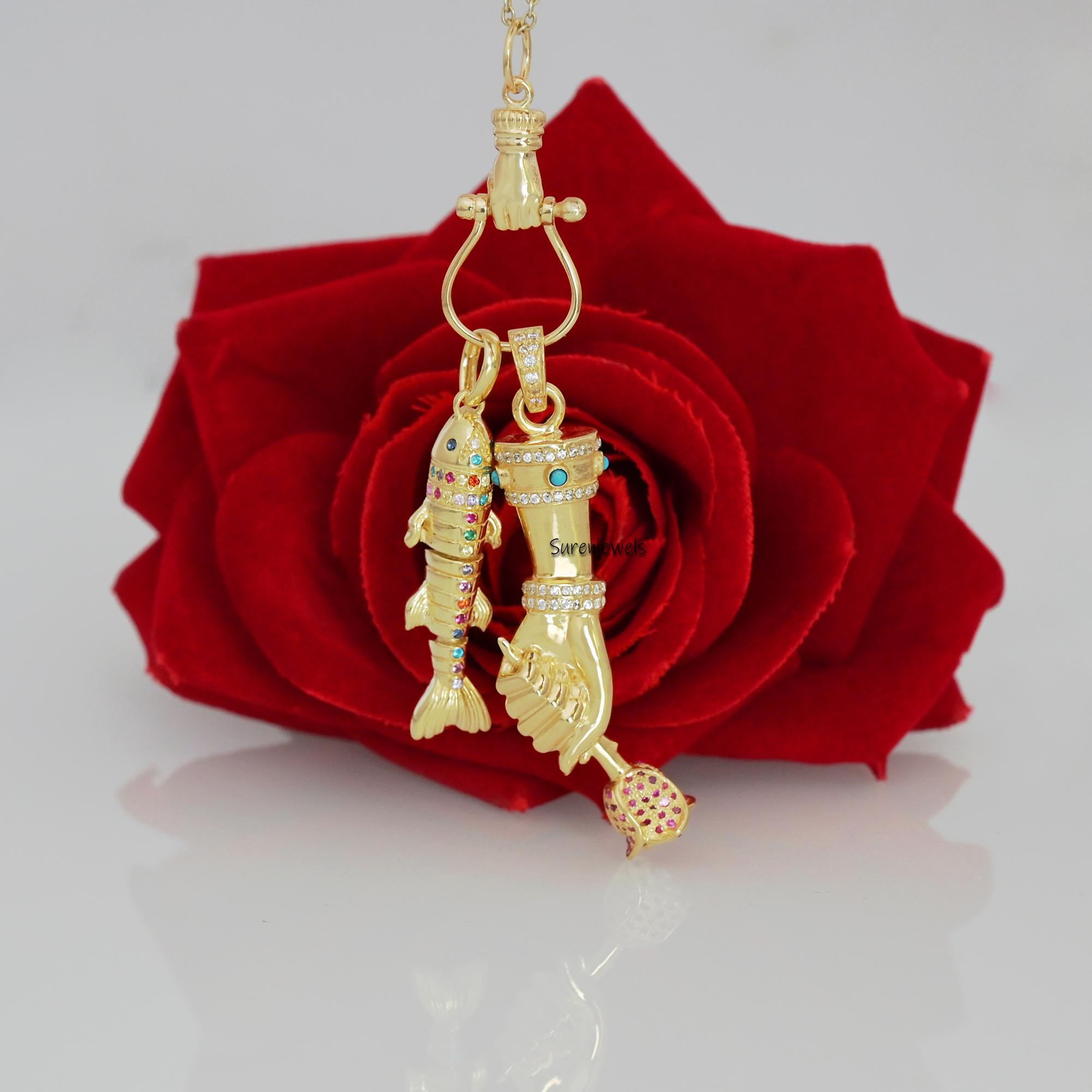 14k Gold Moveable Fish Pendant: Multi Stone Fish Pendant - View 5 - Suren Jewels | SKU: SJP6187-SLYGRUCZ-30M