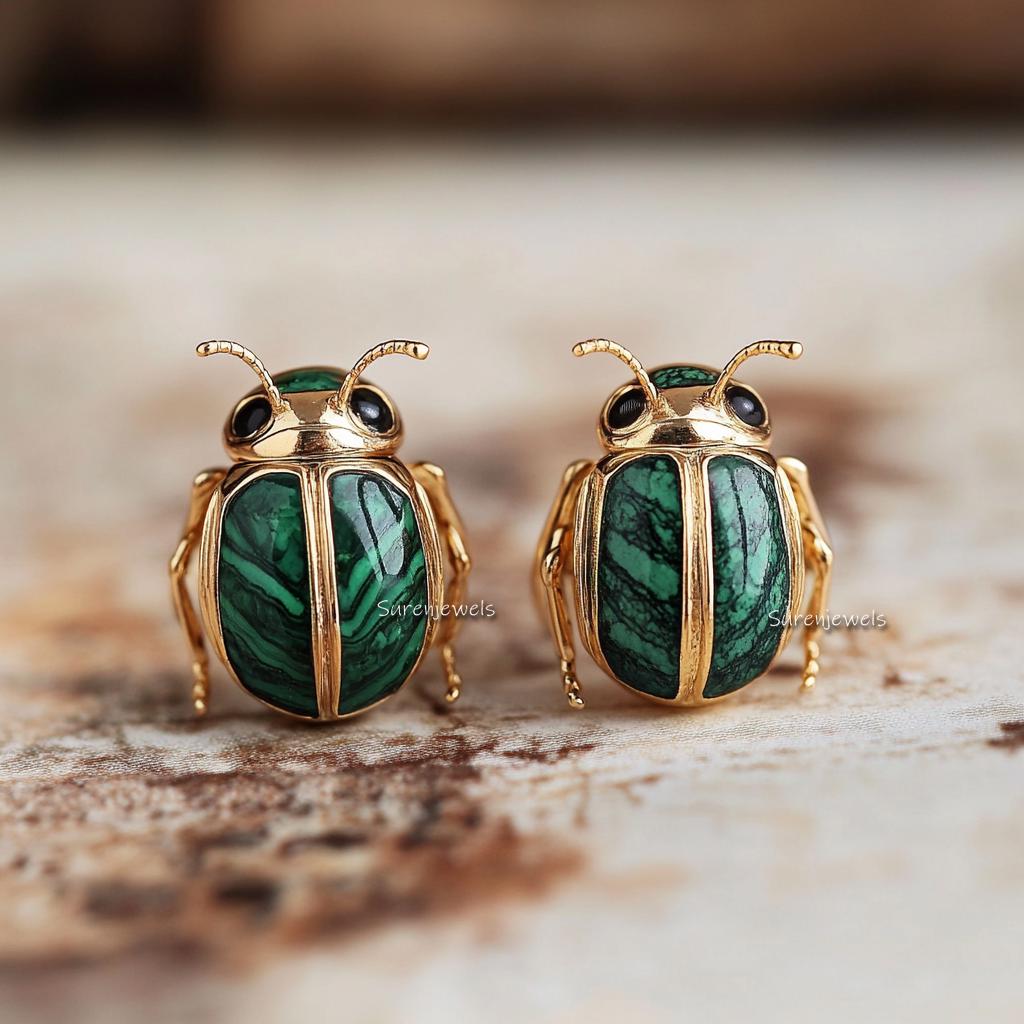 14K Gold Scarab Studs: Hand Carved Egyptian Beetle Earrings - View 4 - Suren Jewels | SKU: SJE1785-SLYGMK-12M,SJE1841-SLRGLB-