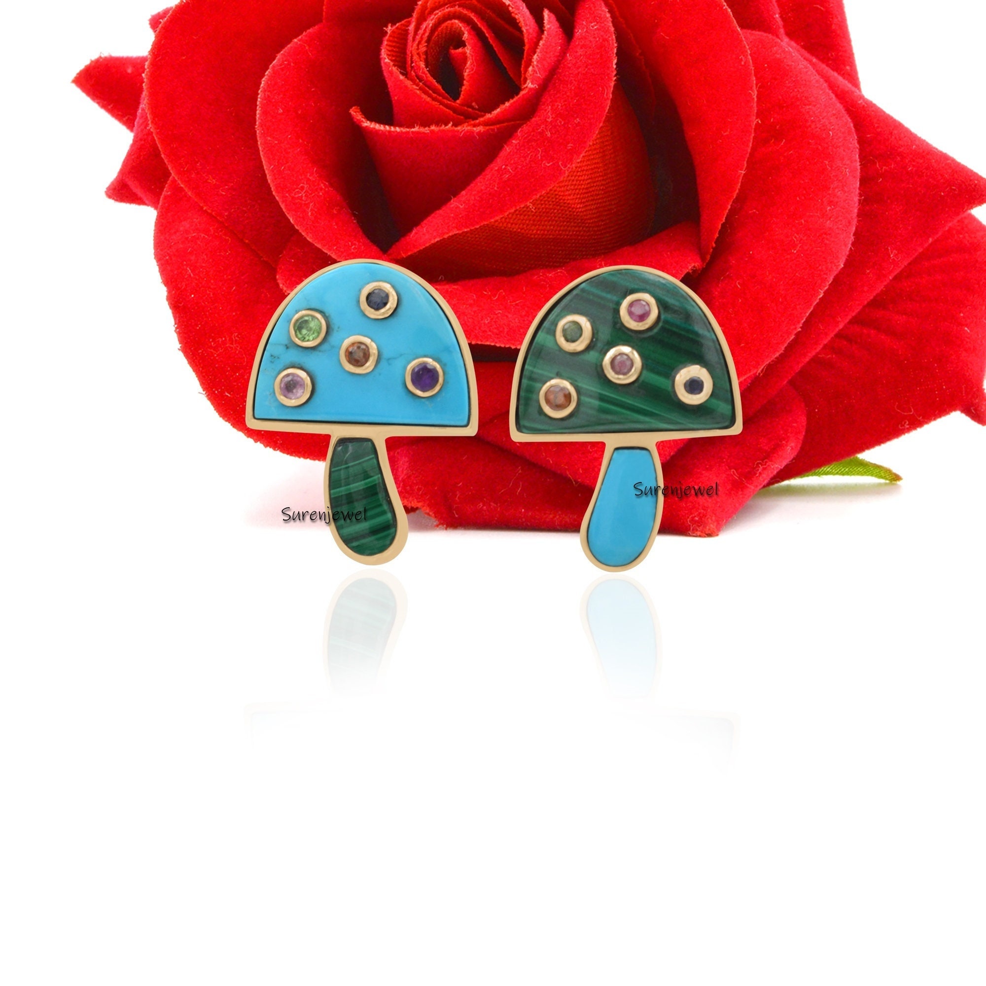 14k Gold Mushroom Studs: Gemstone Handmade Earrings - Suren Jewels | SKU: SJE916-9KYGMKTQMTCS