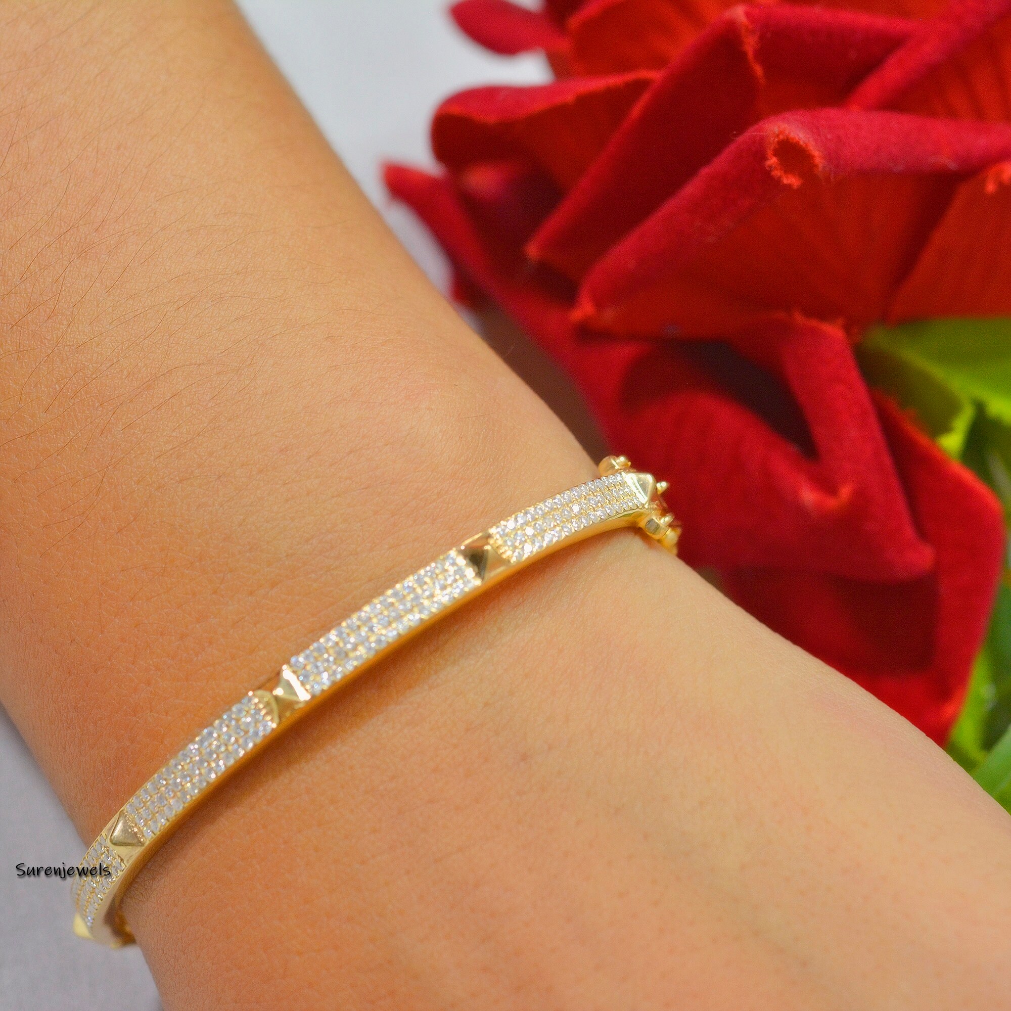 925 Silver Pyramid Spike Bangle: Diamond Accent - View 5 - Suren Jewels | SKU: SJB65-SLYGCZ-6I