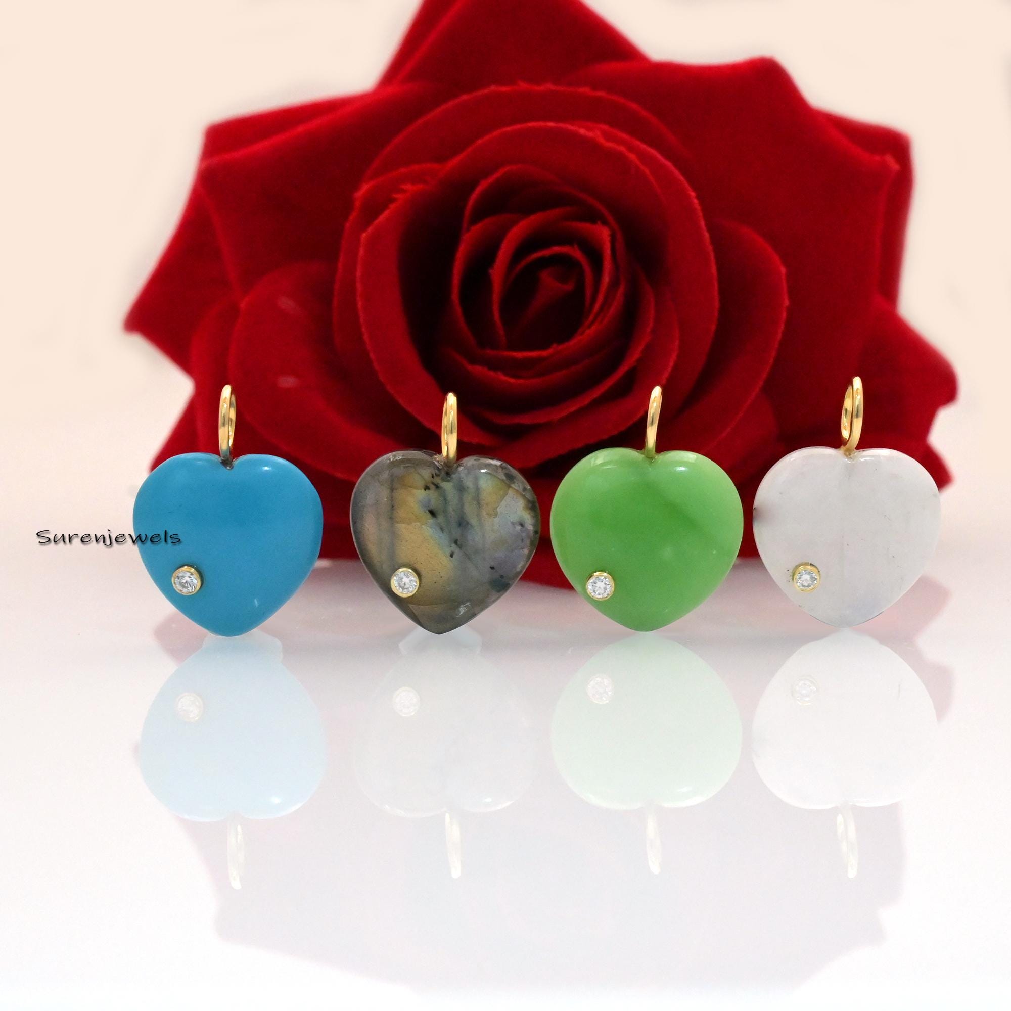 14K Gold Gemstone Heart Pendant, Carved Puffy Heart - Suren Jewels | SKU: SJP1060-9KYGLPZWT-20M