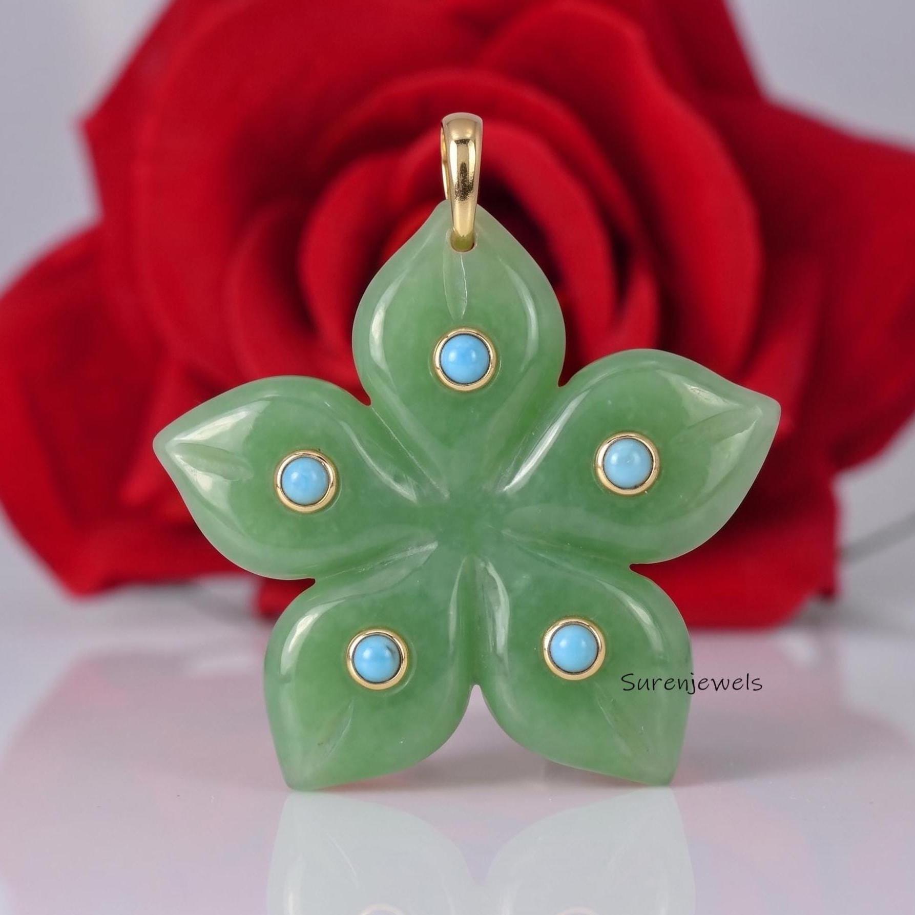 14K Gold Carved Gemstone Flower Pendant, Gold Gemstone Flower Pendant, Solid Gold Gemstone Flower Pendant, Vintage 14k Gold F