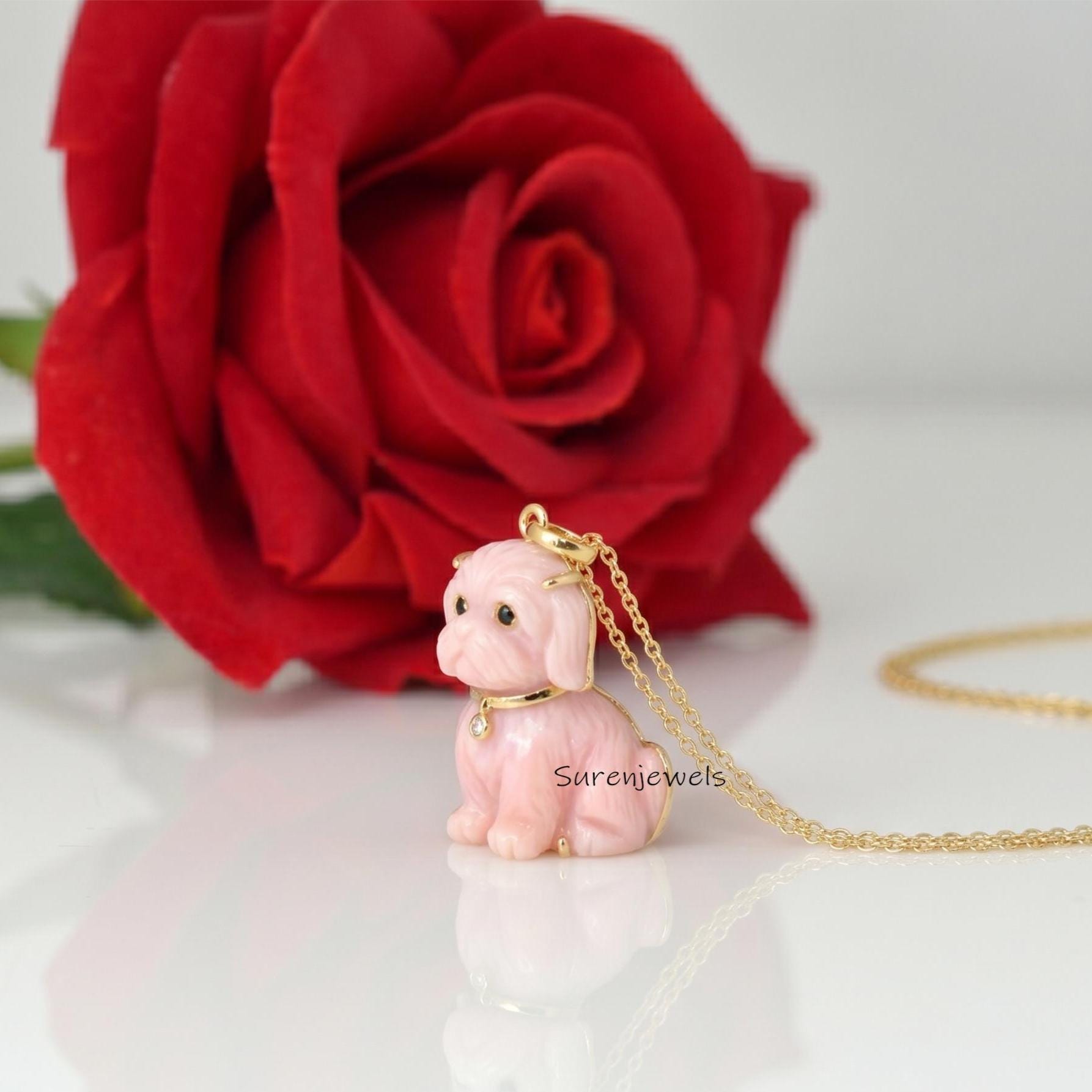 14K Gold Carved Shih Tzu pendant, Gemstone Shih Tzu Pendant, Handmade Shih Tzu pendant, Gemstone Animal Jewelry - View 2 - Su