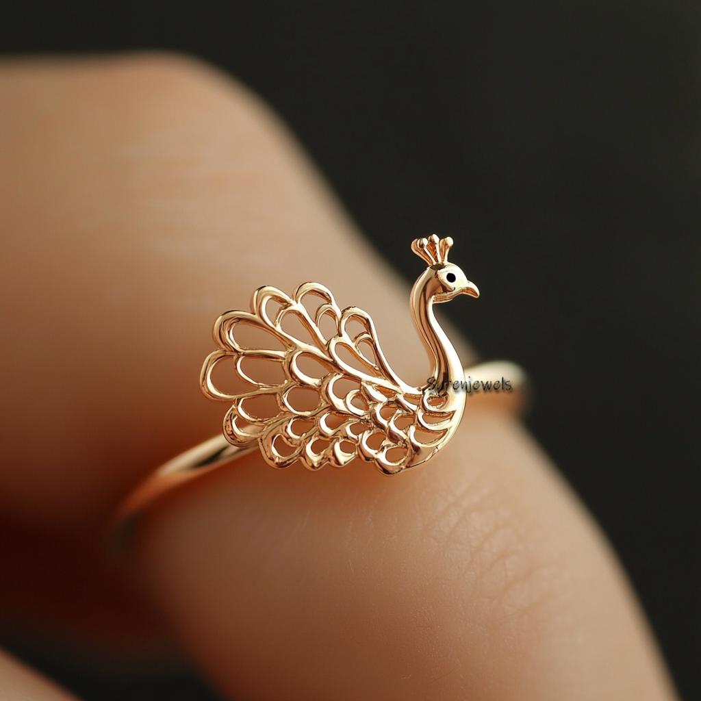 14k Gold Peacock Ring: Dainty Animal Jewelry - View 2 - Suren Jewels | SKU: SJR3352-SLYGCZ-US-7,SJR