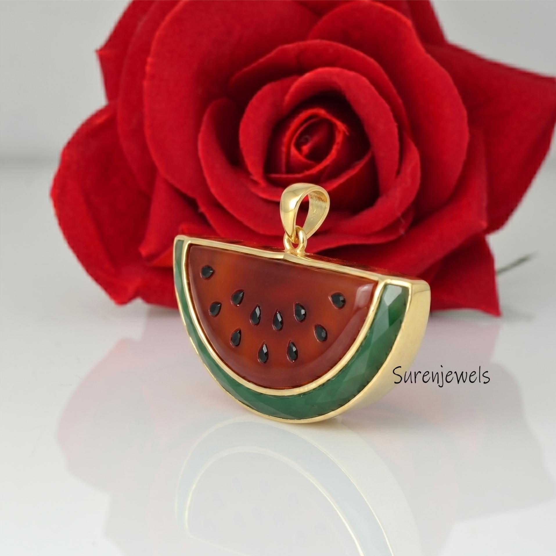 14k Gold Watermelon Pendant, Gemstone Watermelon Pendant, 14k Watermelon Fruit Pendant, 14k Gemstone Fruit jewelry, Carved Ge