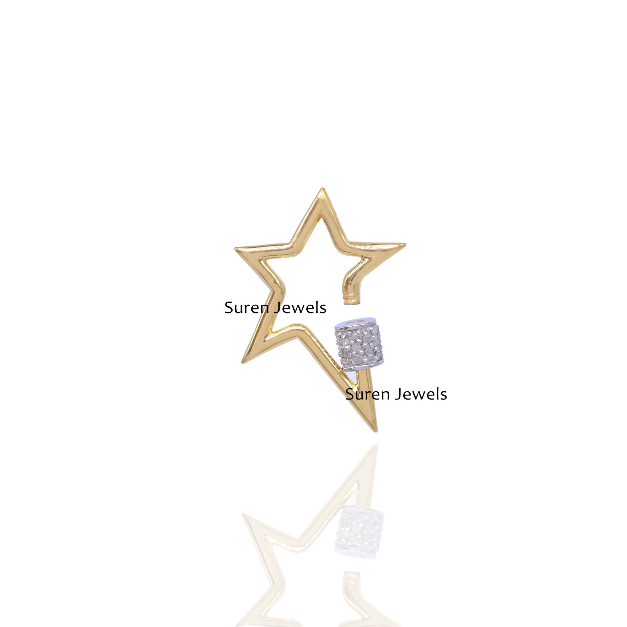 14K Gold Diamond Star Carabiner Lock: Solid Gold Charm - View 3 - Suren Jewels | SKU: SJC20-14KWGYGDI
