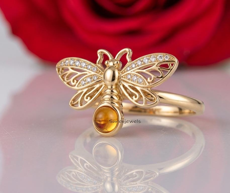 14k Gold Gemstone Firefly Ring, Insect Ring Jewelry, Nature Inspired Dragonfly Ring, Unique Animal Ring, Handmade Dragonfly R