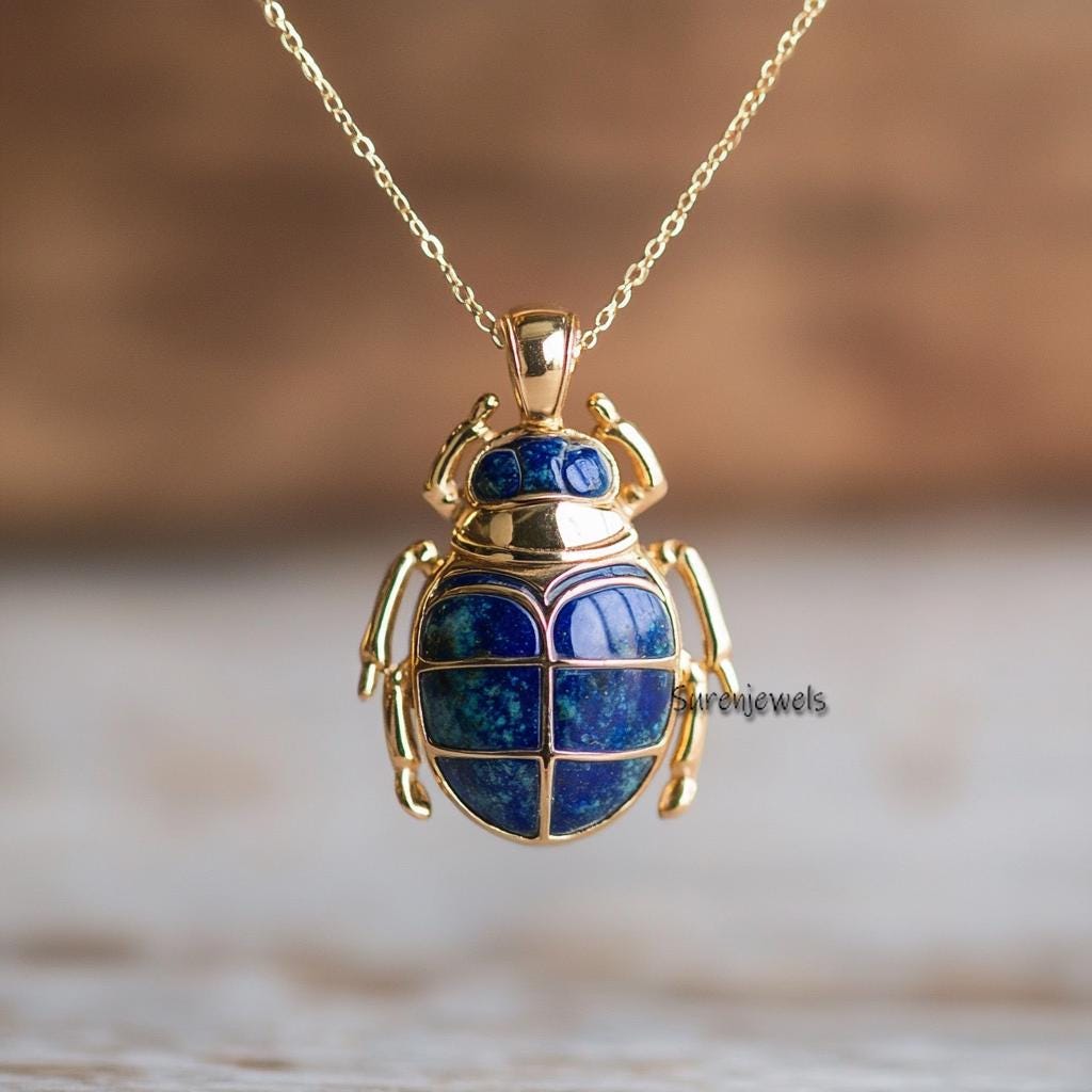 14K Gold Lapis Scarab Pendant: Hand Carved Egyptian Beetle Amulet - View 4 - Suren Jewels | SKU: SJP4824-SLNSBO-30M,SJP,SJP48