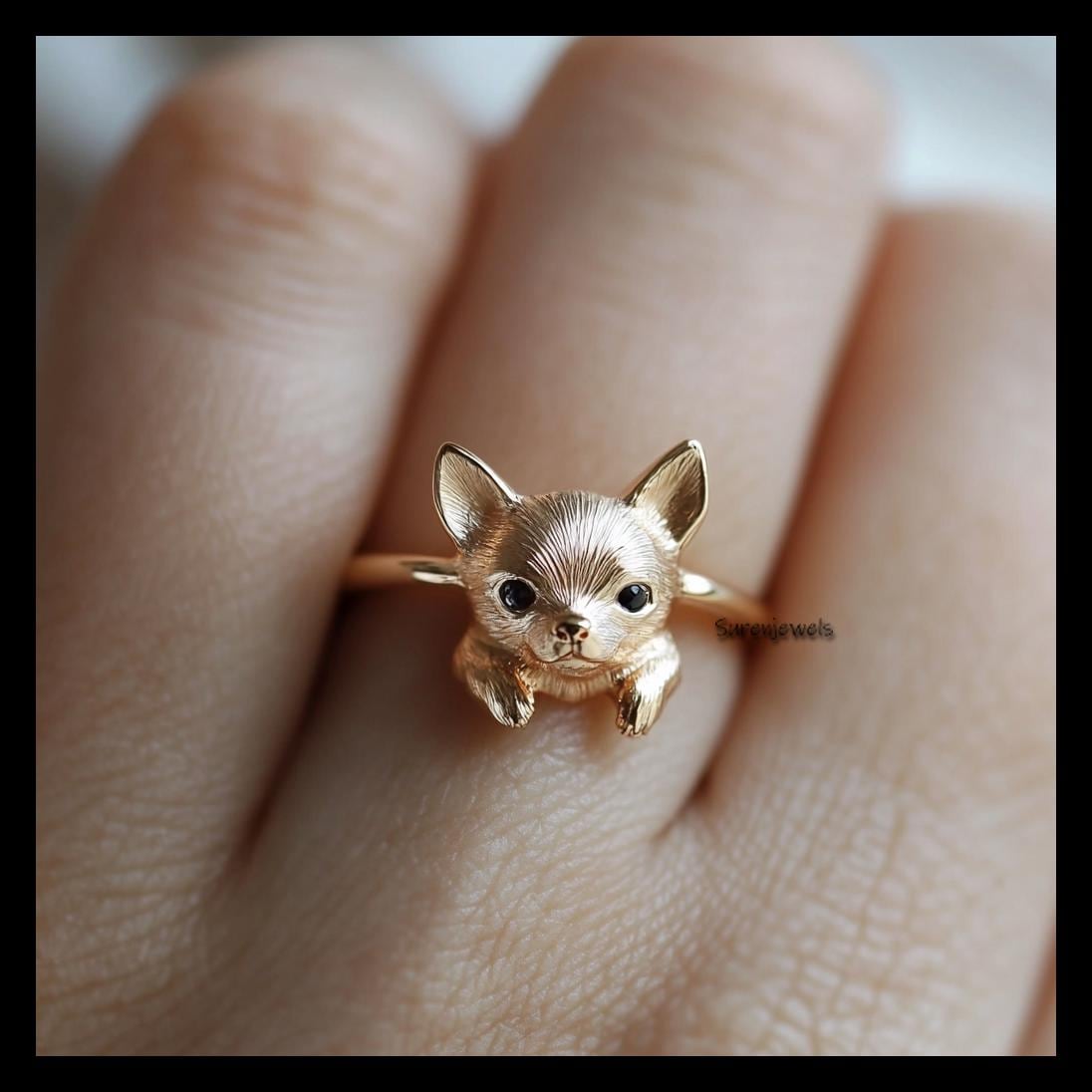 14k Gold Chihuahua Ring: Dainty Animal Jewelry - View 2 - Suren Jewels | SKU: SJR2932-SLRHBKCZ-US-7,SJR2928-SLNS-US-10,SJR291