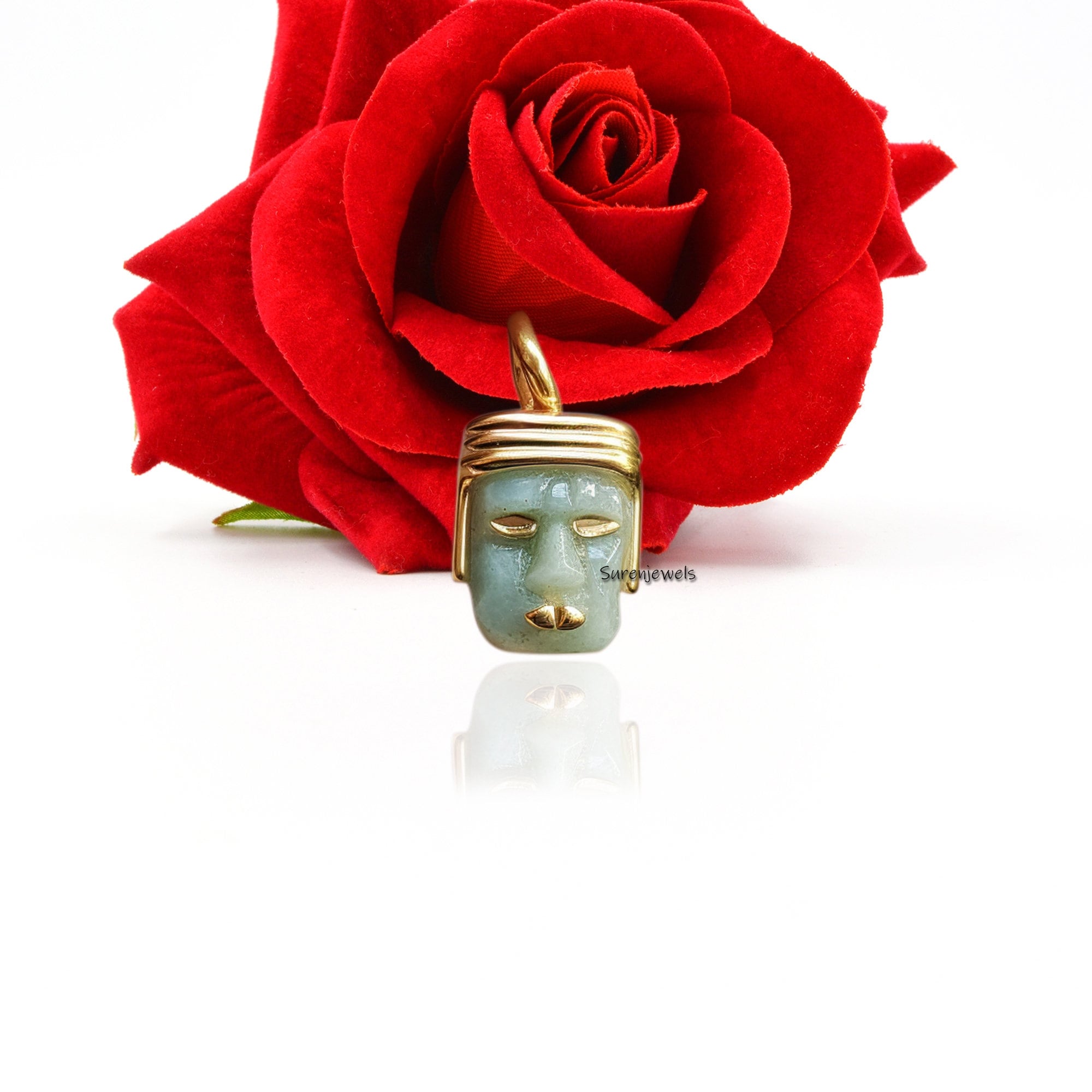14k Gold Gemstone Face Carving Pendant: Designer Charm - View 5 - Suren Jewels | SKU: SJP1892-SLYGAZ-15M,SJP1821-SLYGAZ-15M