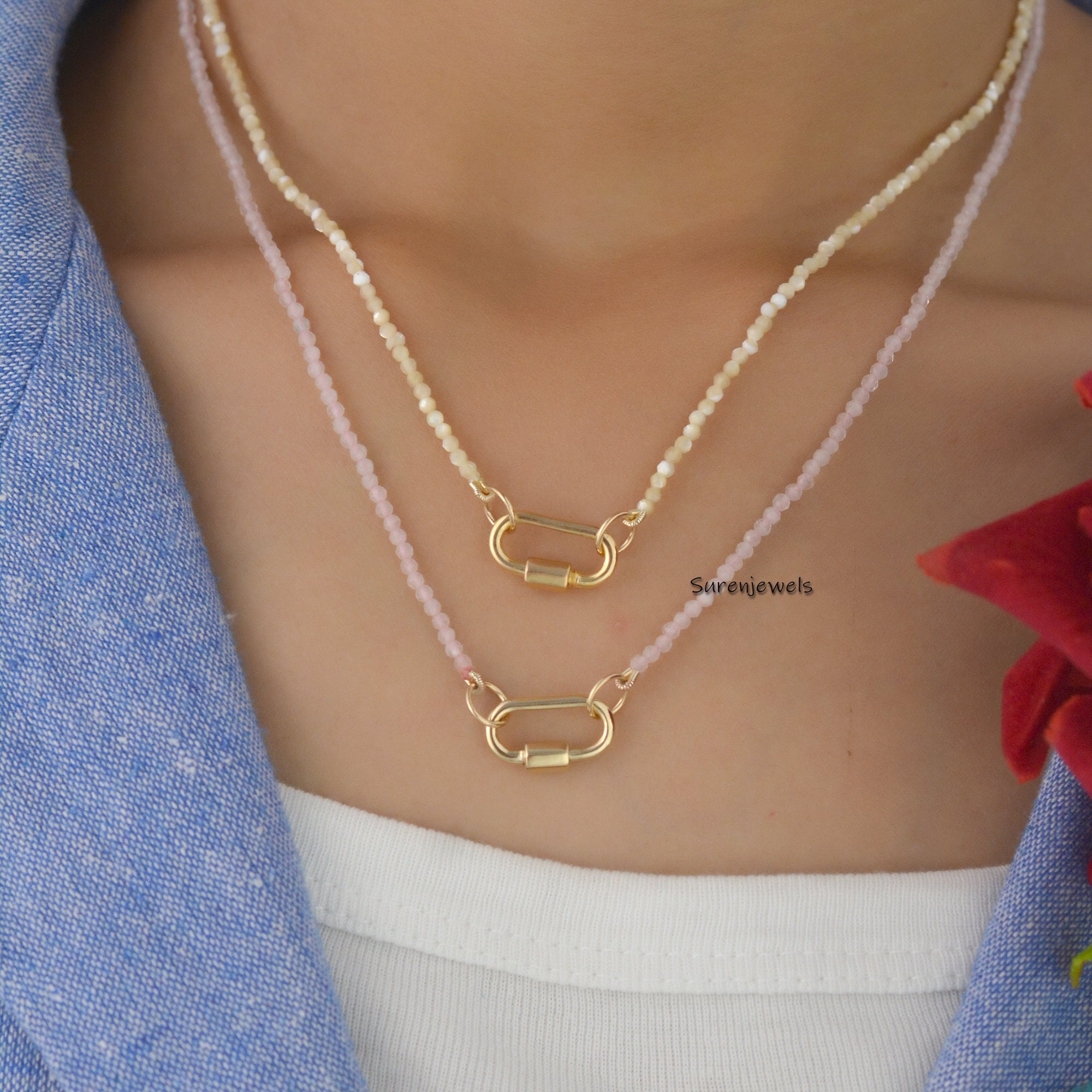 14k Gold Lapis Beads Chain Necklace: Carabiner Clasp - View 3 - Suren Jewels | SKU: SJC130-14KYG-16M-N219-18I