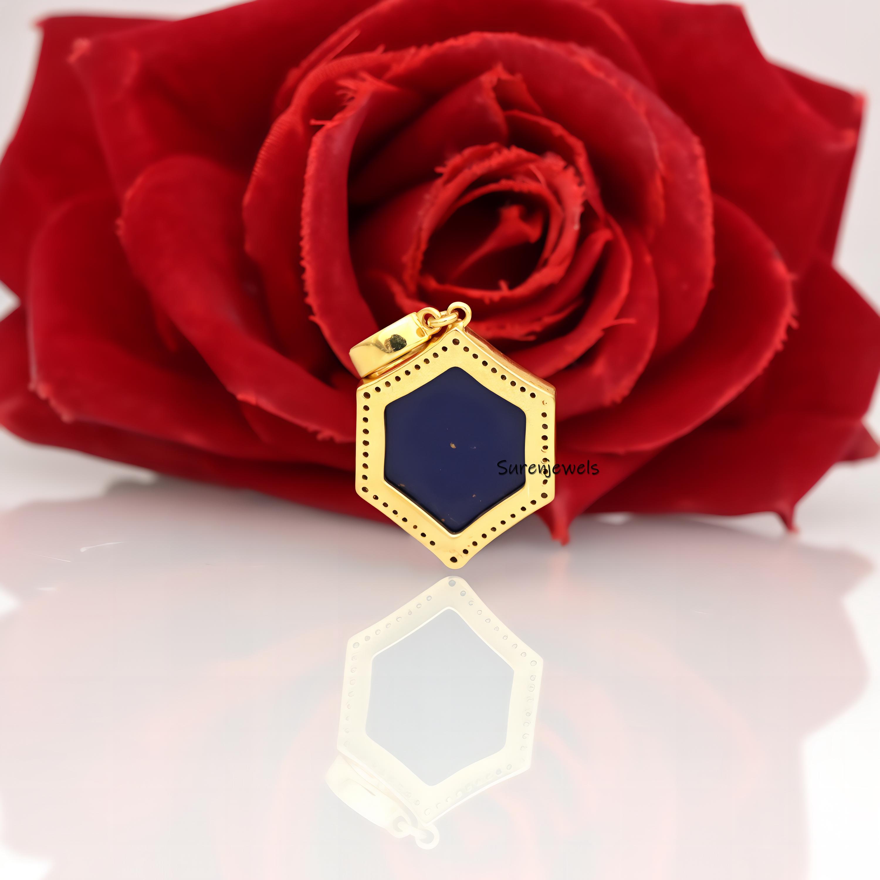 14k Gold Star Moon Hexagon Pendant: Handmade Designer Charm - View 3 - Suren Jewels | SKU: SJP4189-SLYGMKCZ-25M
