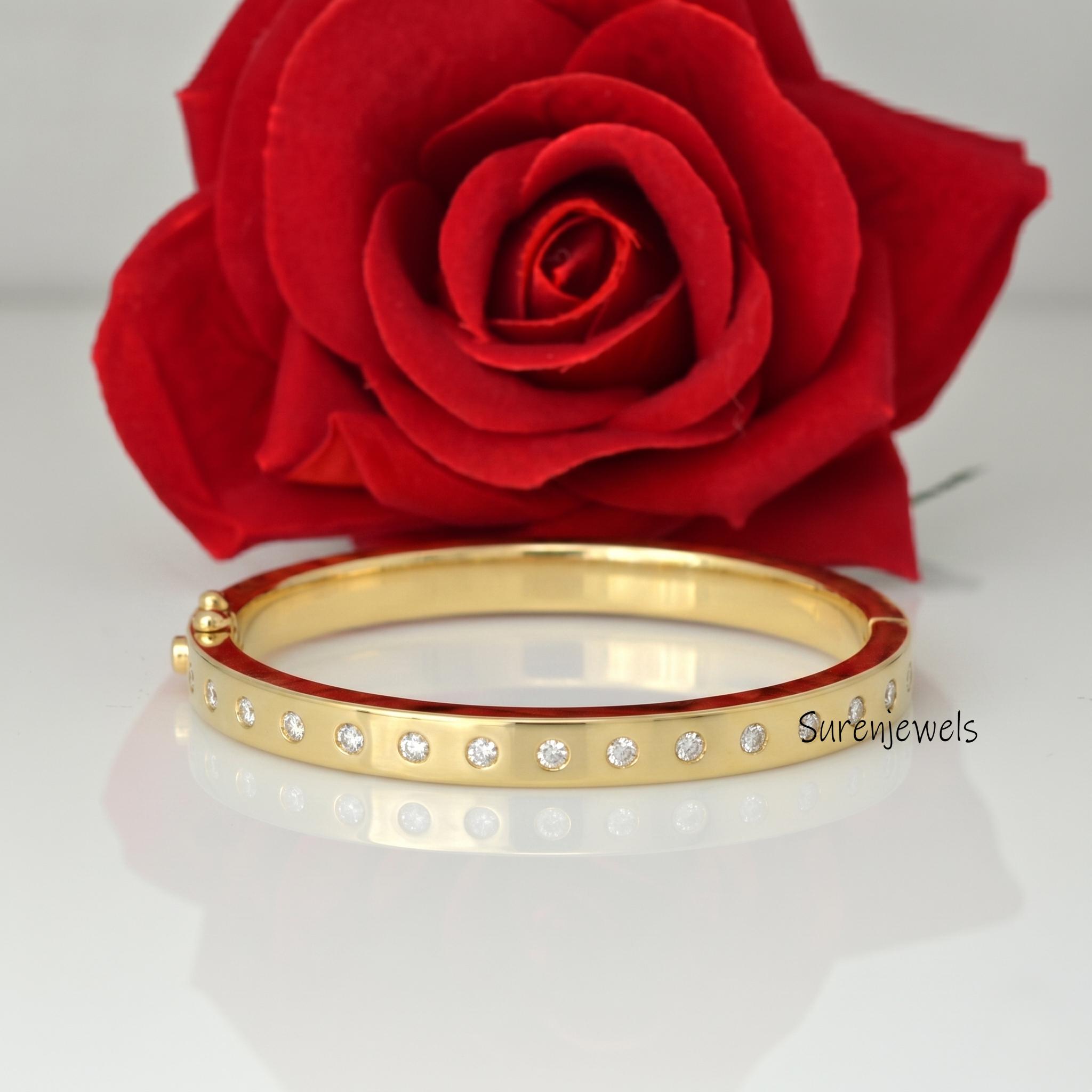 14k Gold Diamond Flush Set Bangle, Solid 14k Gold Hinged Bangle: Dainty Oval BraceletSimple Gold Bangle, Gold Women's Bangle