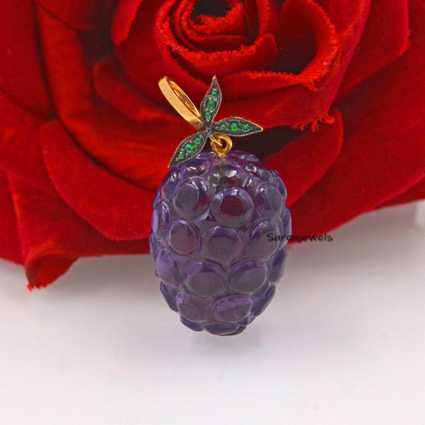 14k Gold Amethyst Grape Pendant: Designer Fruit Jewelry - Suren Jewels | SKU: SJP1542