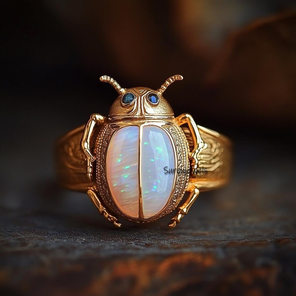 14k Gold Scarab Beetle Gemstone Ring: Egyptian Style - View 2 - Suren Jewels | SKU: SJR2974-SLYGMSBKCZGT-US-7,SJR3156-SLWGGOP