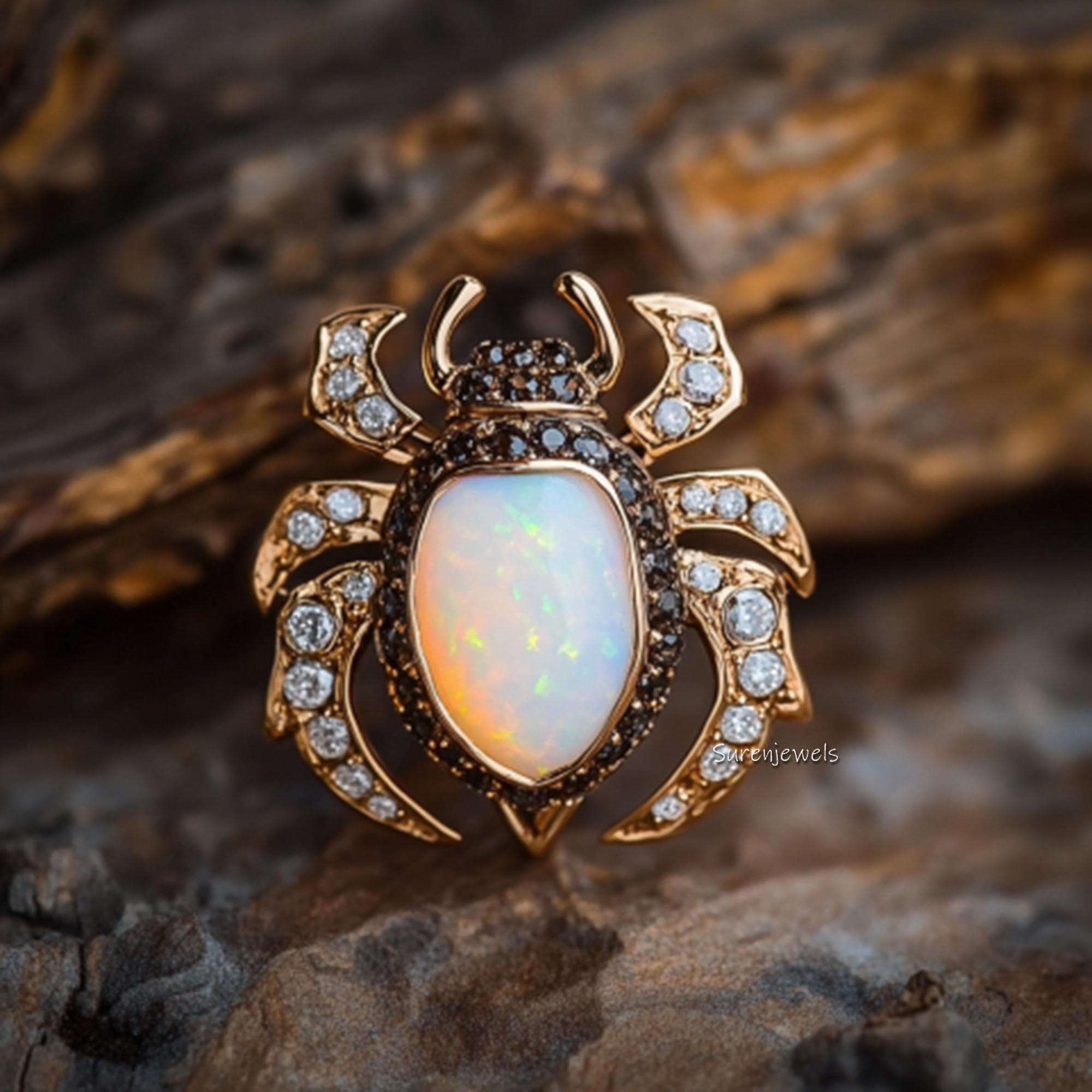 Opal Beetle Earrings, Unique Insect Statement Earrings, Gold Gemstone Bug Earrings, Nature Inspired Jewelry, Luxury Statement
